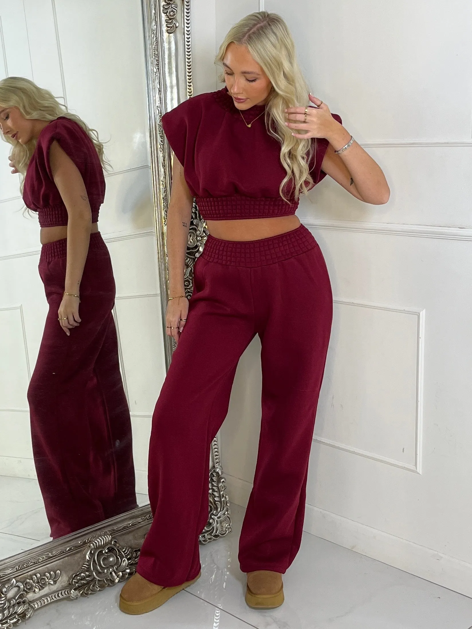 Padded Shoulder Top & Wide Leg Pants Tracksuit - Wine