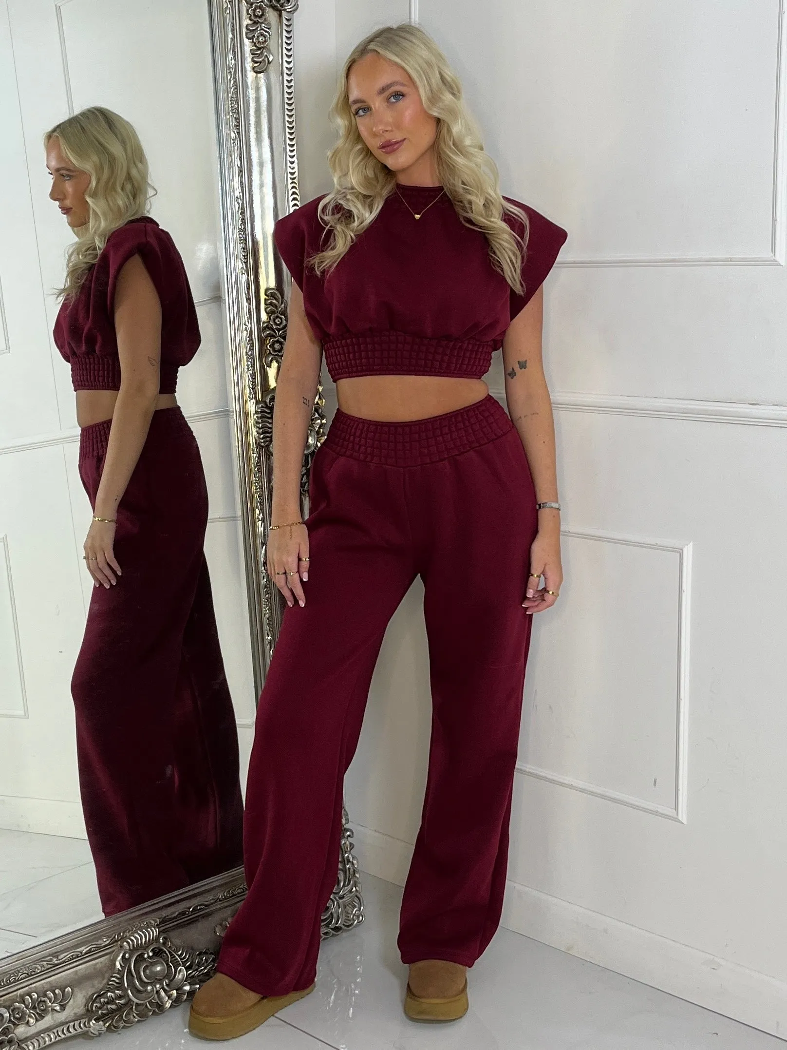 Padded Shoulder Top & Wide Leg Pants Tracksuit - Wine