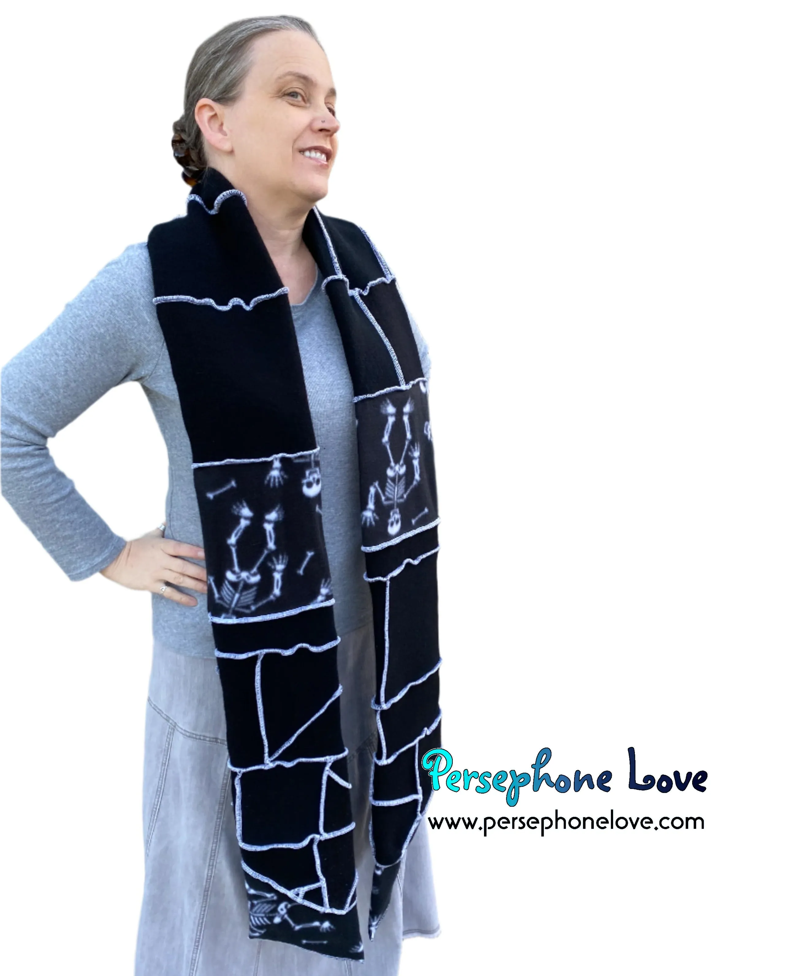 Patchwork black 100% cashmere upcycled needle-felted sweater scarf -1787