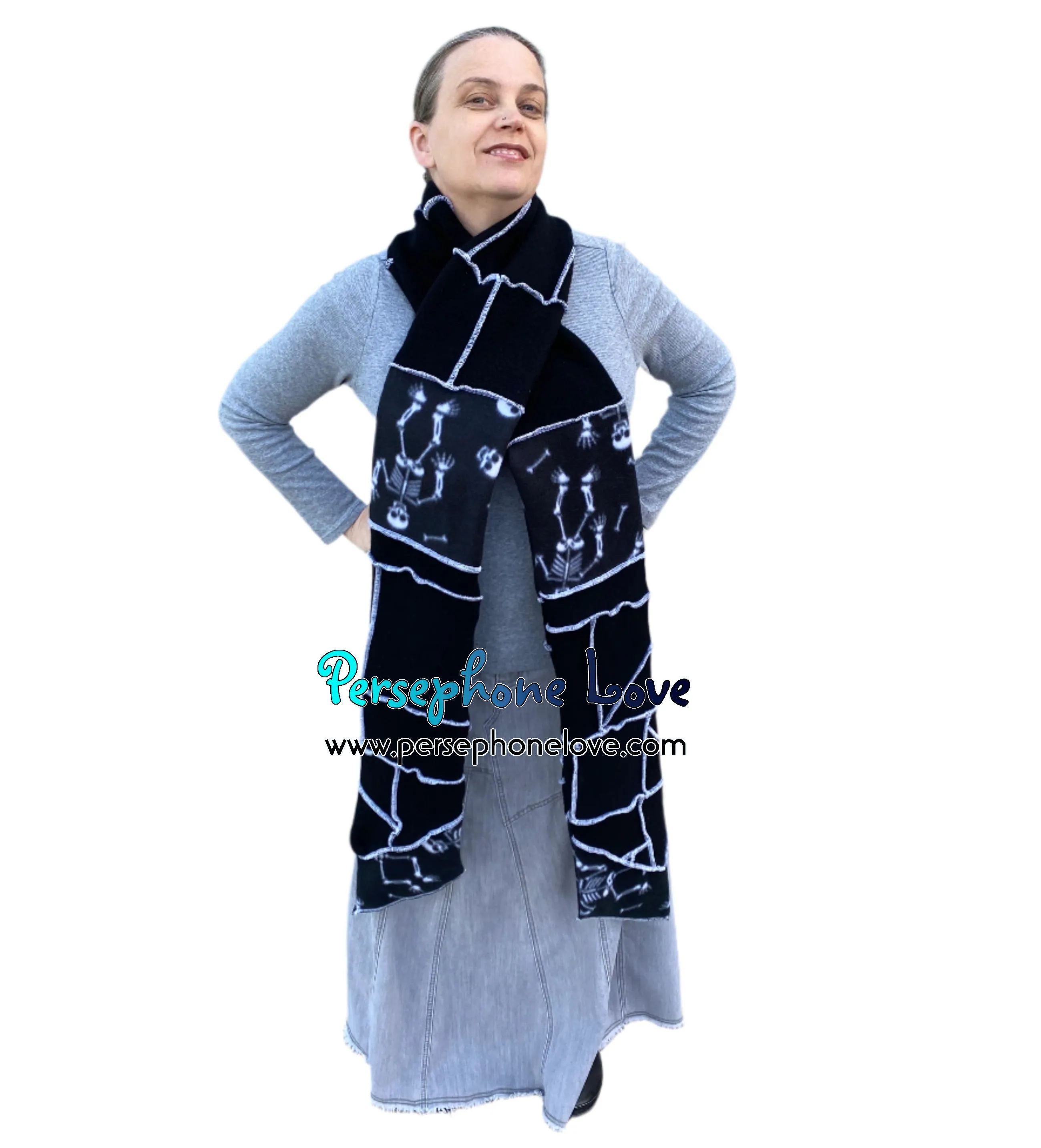 Patchwork black 100% cashmere upcycled needle-felted sweater scarf -1787