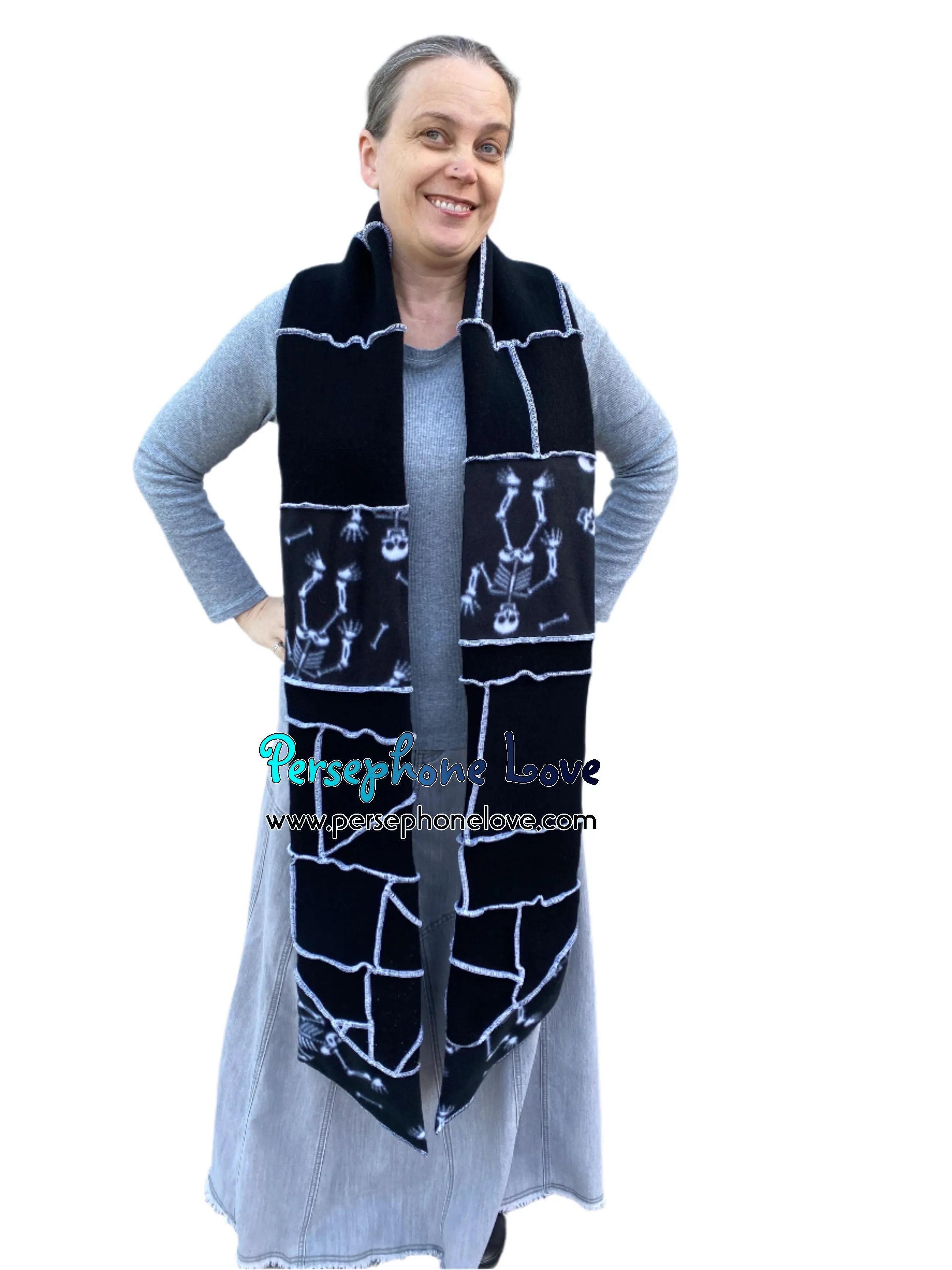 Patchwork black 100% cashmere upcycled needle-felted sweater scarf -1787