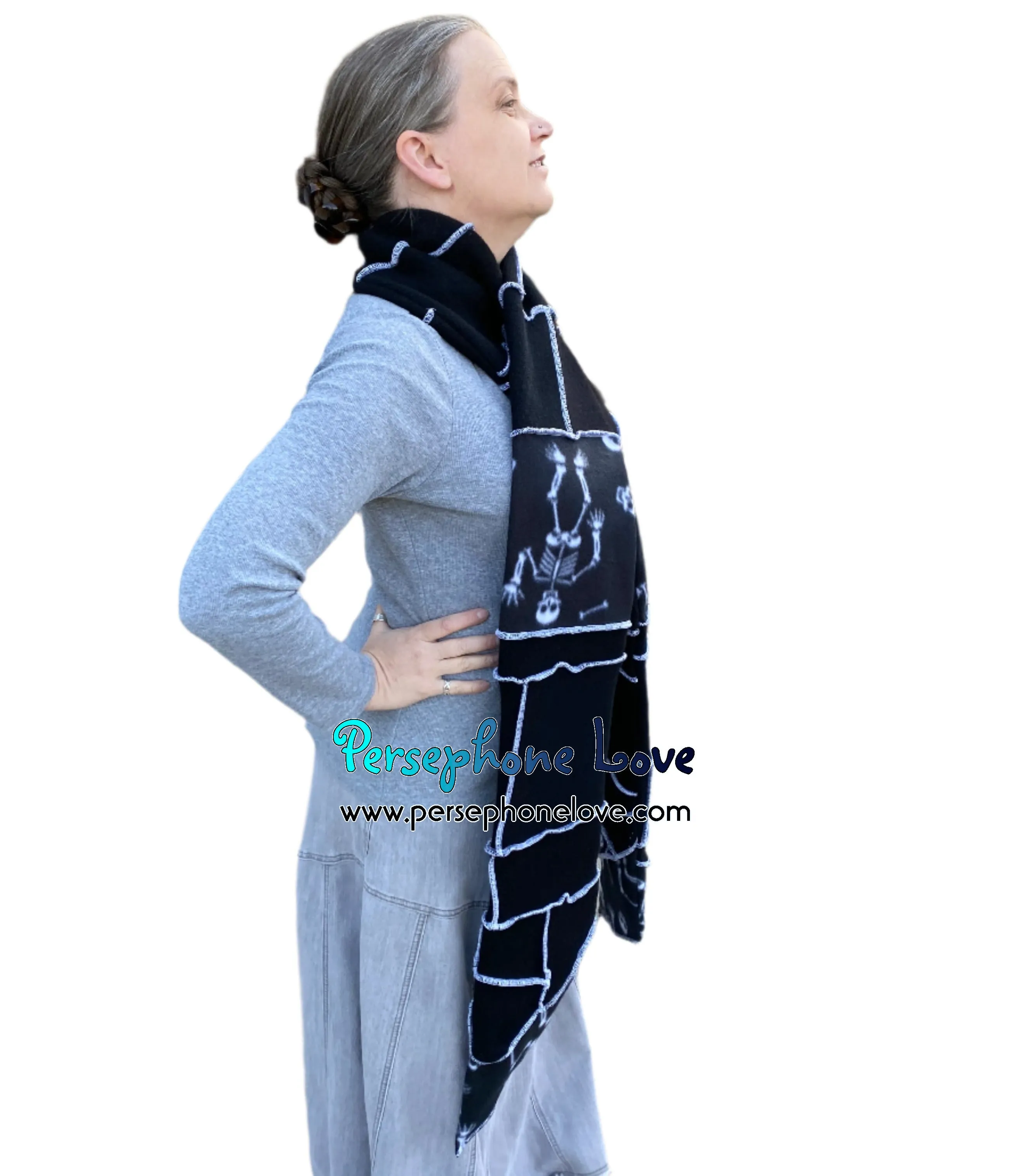 Patchwork black 100% cashmere upcycled needle-felted sweater scarf -1787