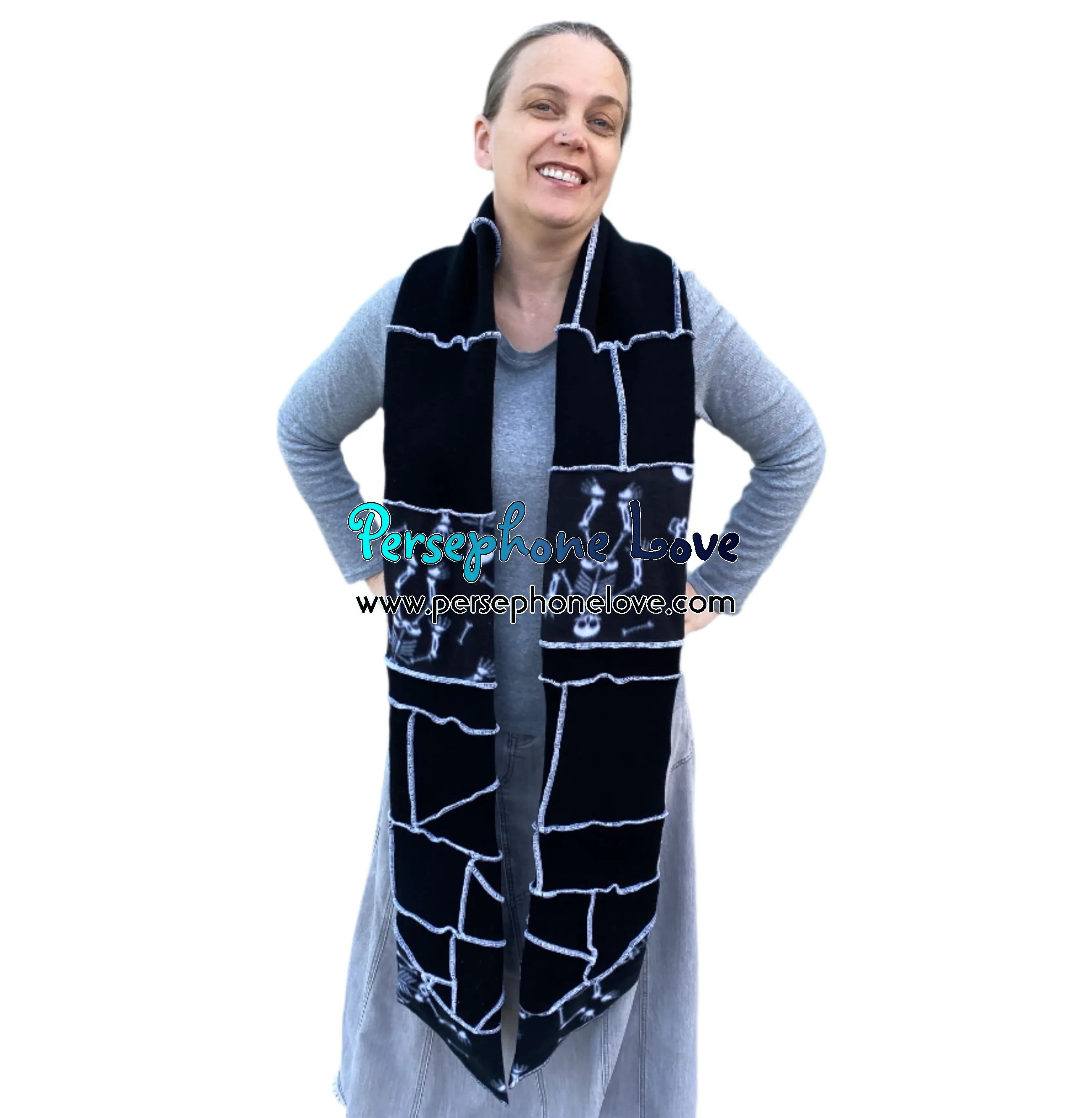 Patchwork black 100% cashmere upcycled needle-felted sweater scarf -1787