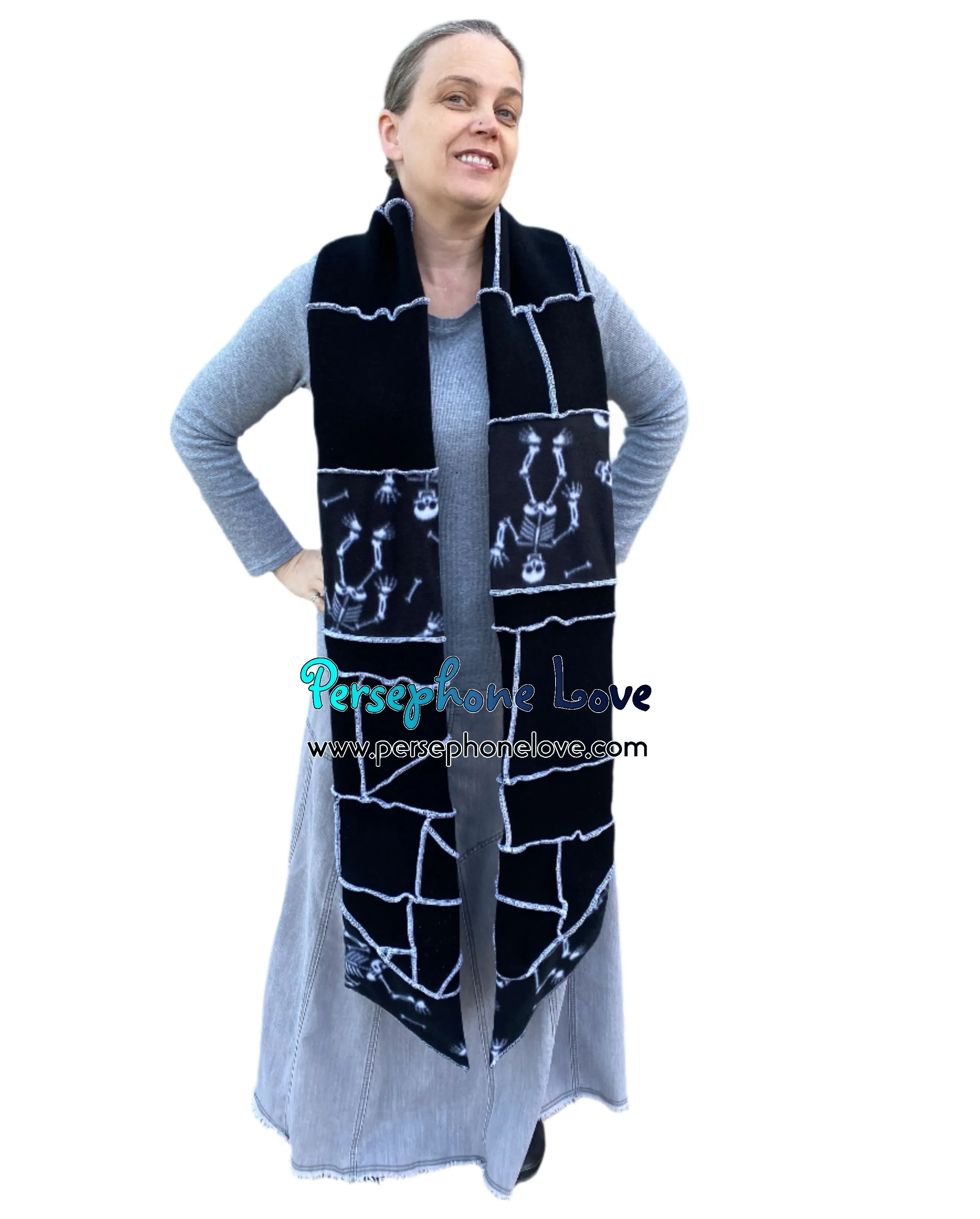 Patchwork black 100% cashmere upcycled needle-felted sweater scarf -1787