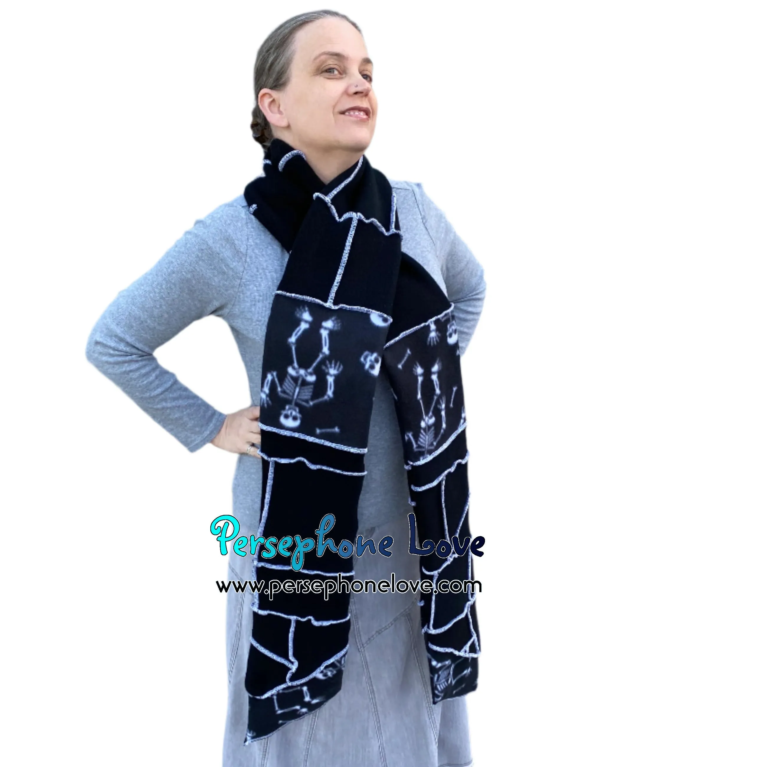 Patchwork black 100% cashmere upcycled needle-felted sweater scarf -1787