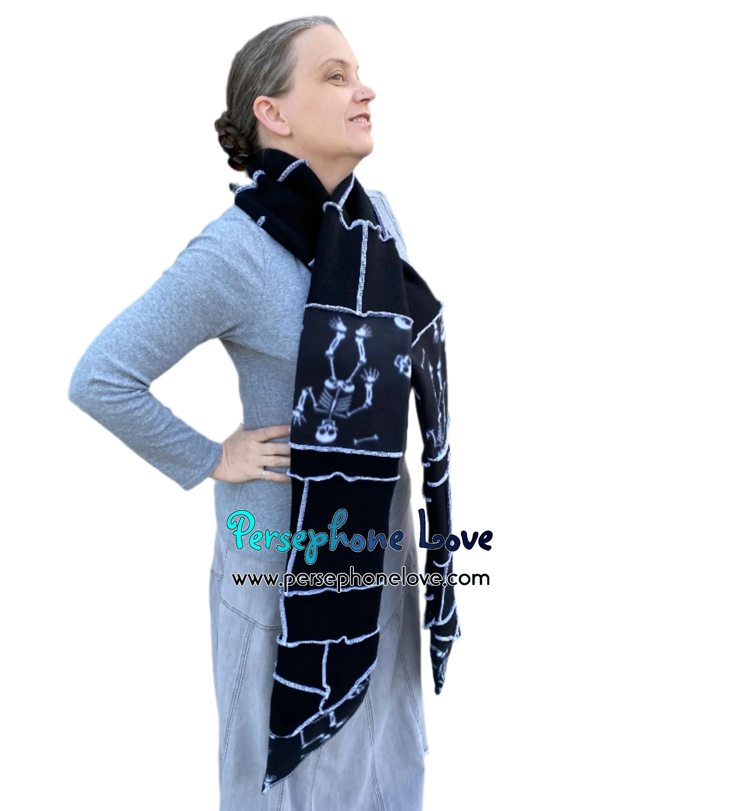 Patchwork black 100% cashmere upcycled needle-felted sweater scarf -1787