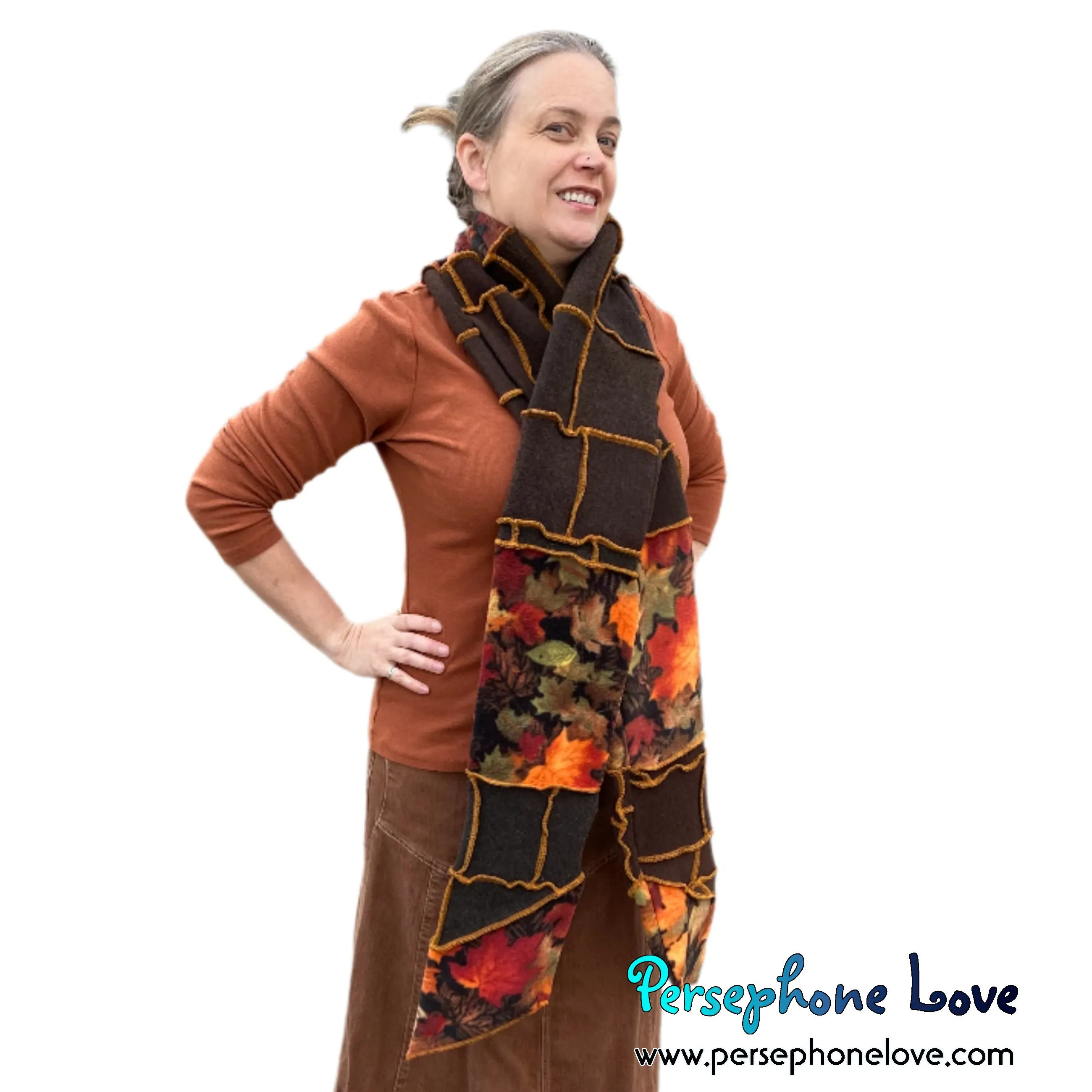 Patchwork brown 100% cashmere upcycled needle-felted sweater scarf -1745