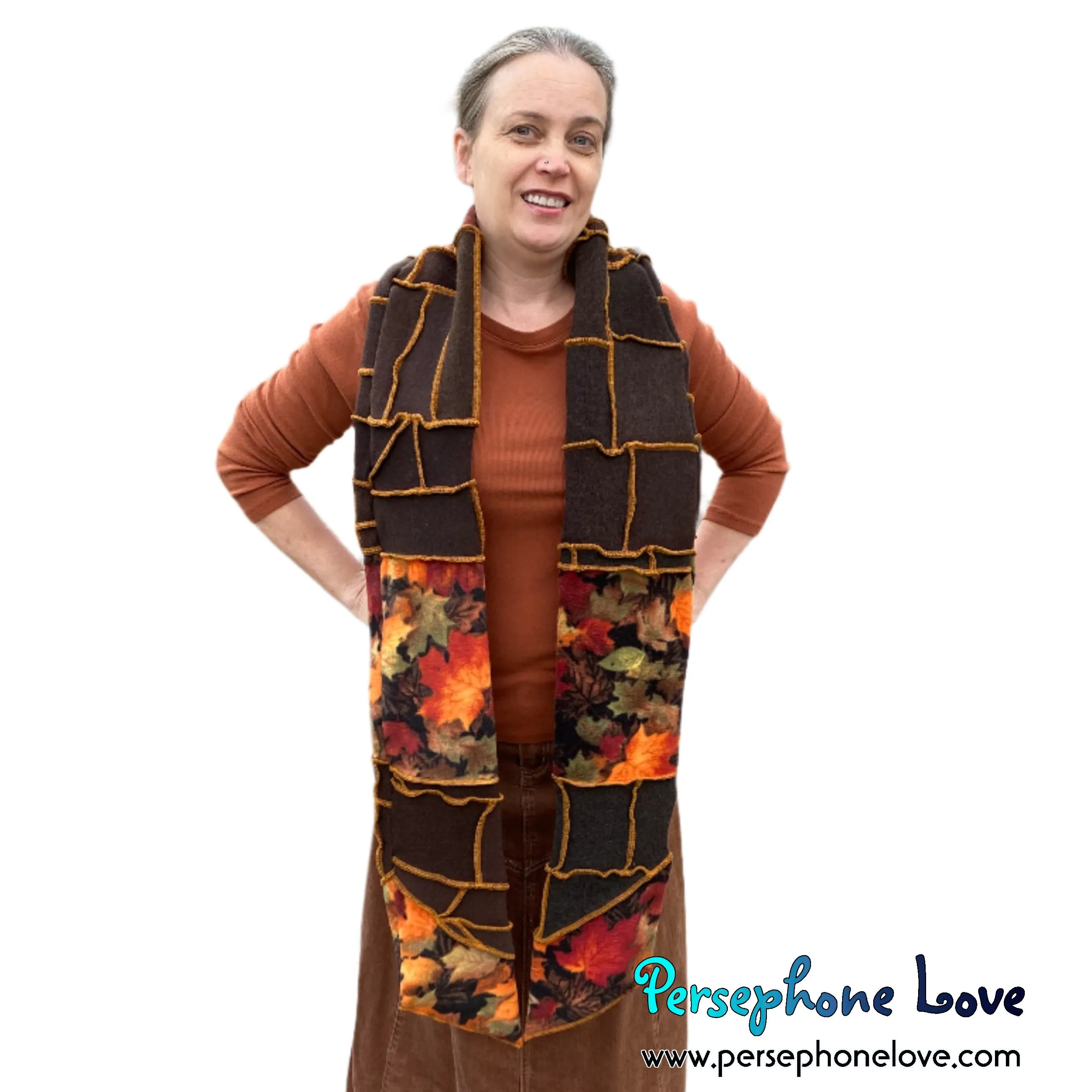 Patchwork brown 100% cashmere upcycled needle-felted sweater scarf -1745