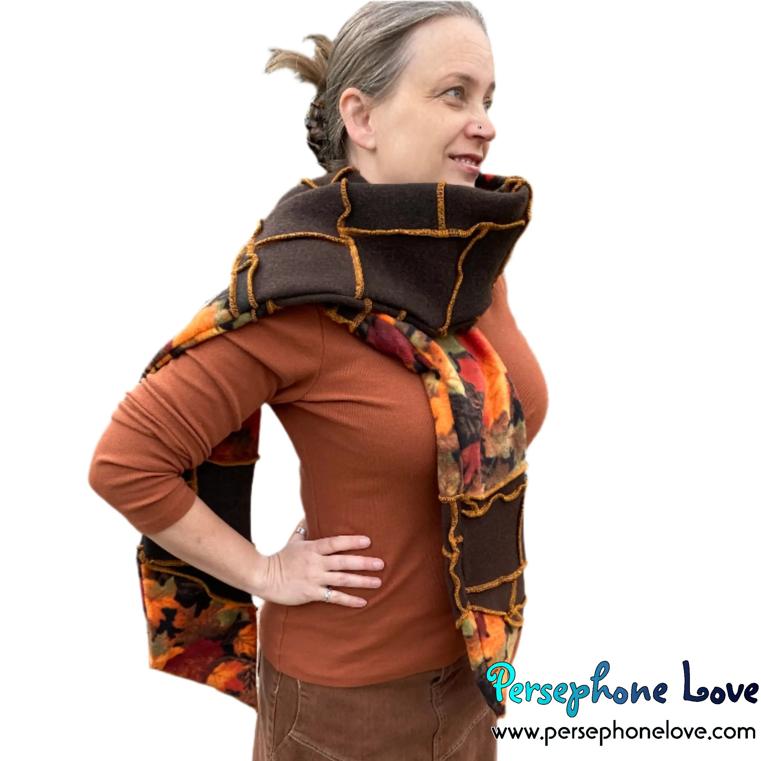 Patchwork brown 100% cashmere upcycled needle-felted sweater scarf -1745