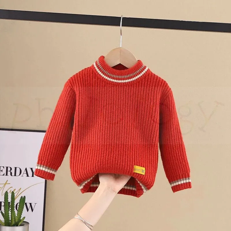 PHILOLOGY pure color fall winter boy girl kid thick crew neck shirts solid long sleeve pullover sweater