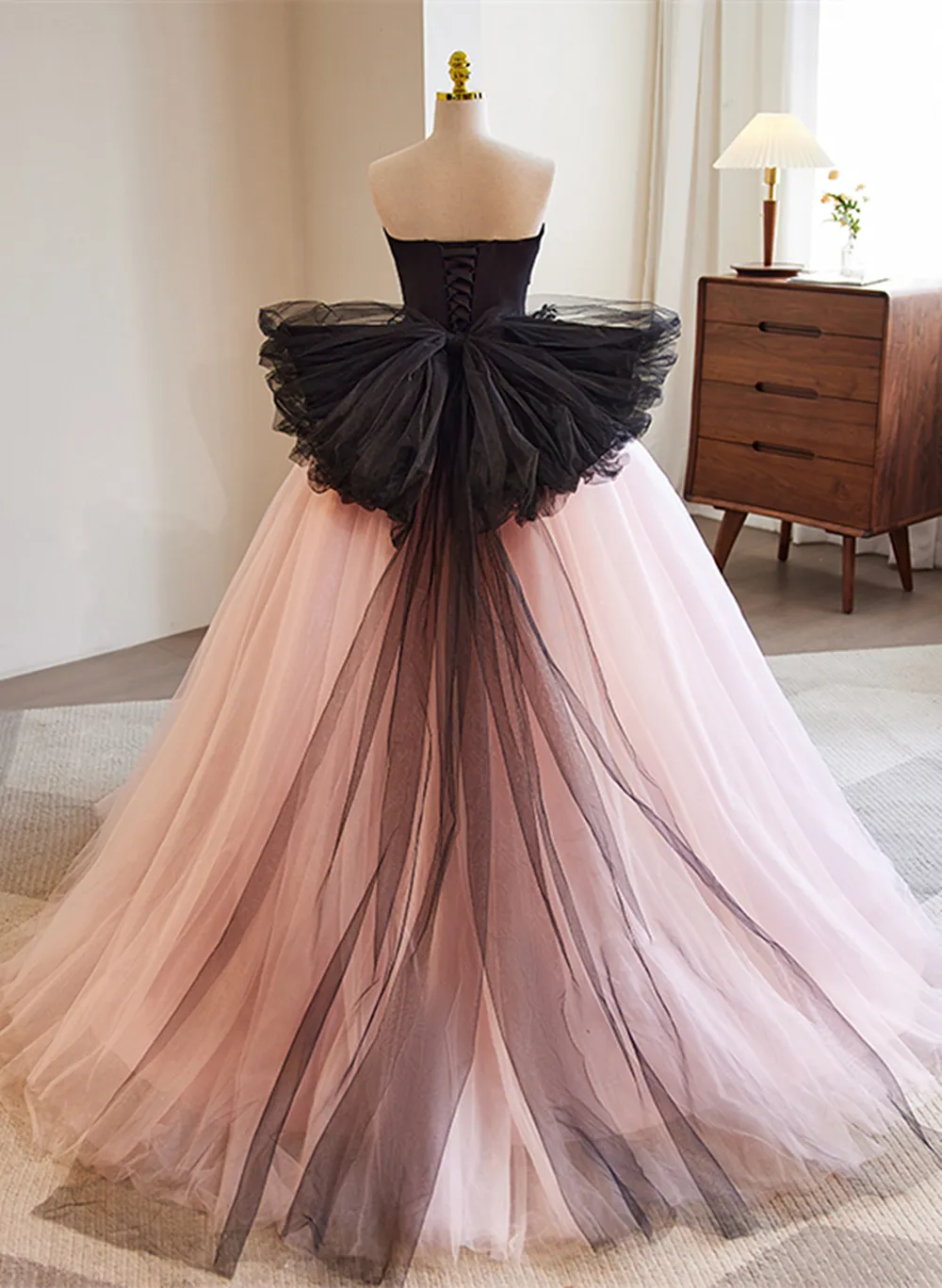 Pink and Black Lace Tulle Ball Gown Sweet 16 Dress, Pink and Black Long Formal Dress