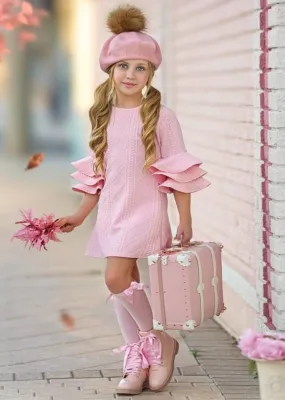 PINK RUFFLE SLEEVE SWEATER DRESS