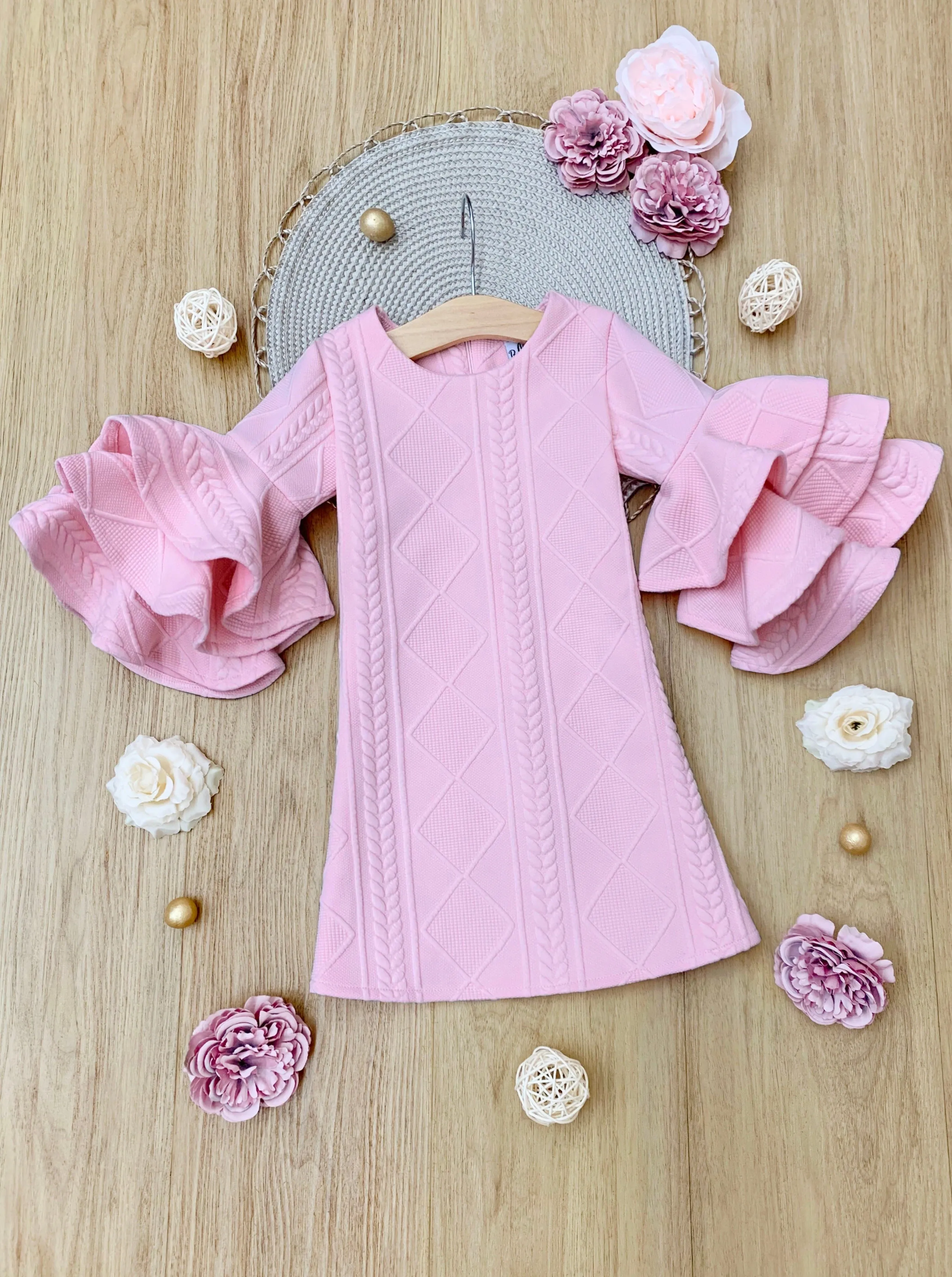 PINK RUFFLE SLEEVE SWEATER DRESS