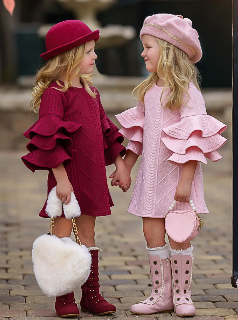 PINK RUFFLE SLEEVE SWEATER DRESS