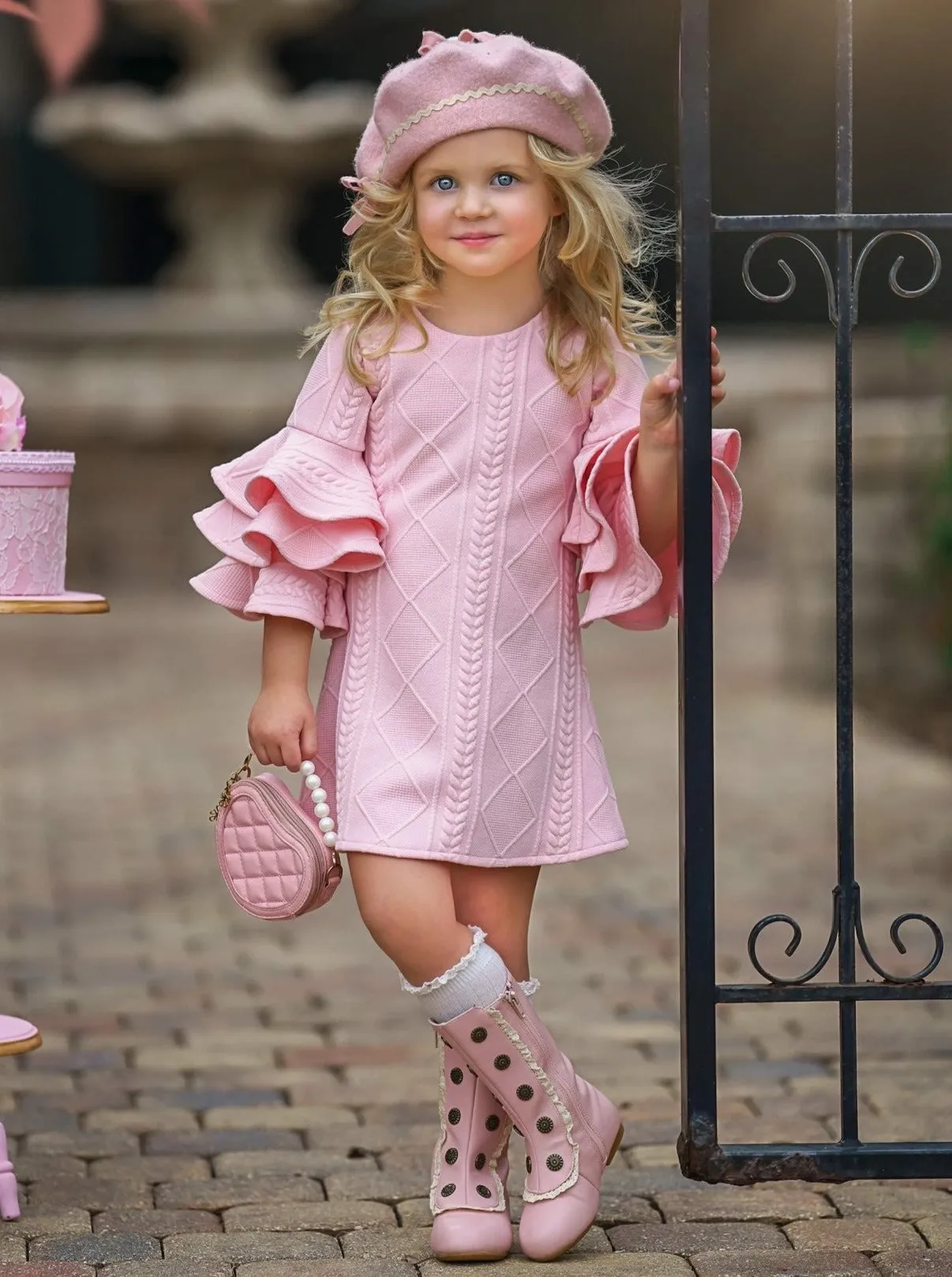 PINK RUFFLE SLEEVE SWEATER DRESS