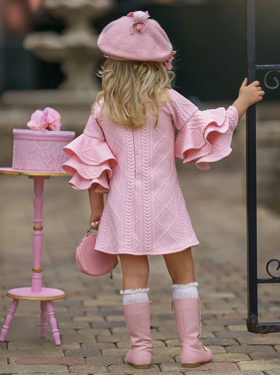 PINK RUFFLE SLEEVE SWEATER DRESS