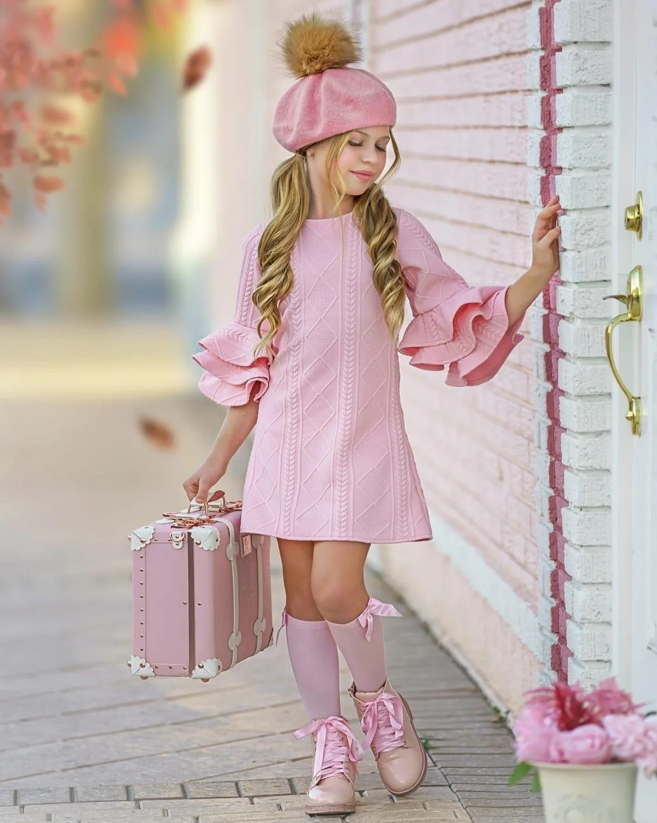 PINK RUFFLE SLEEVE SWEATER DRESS