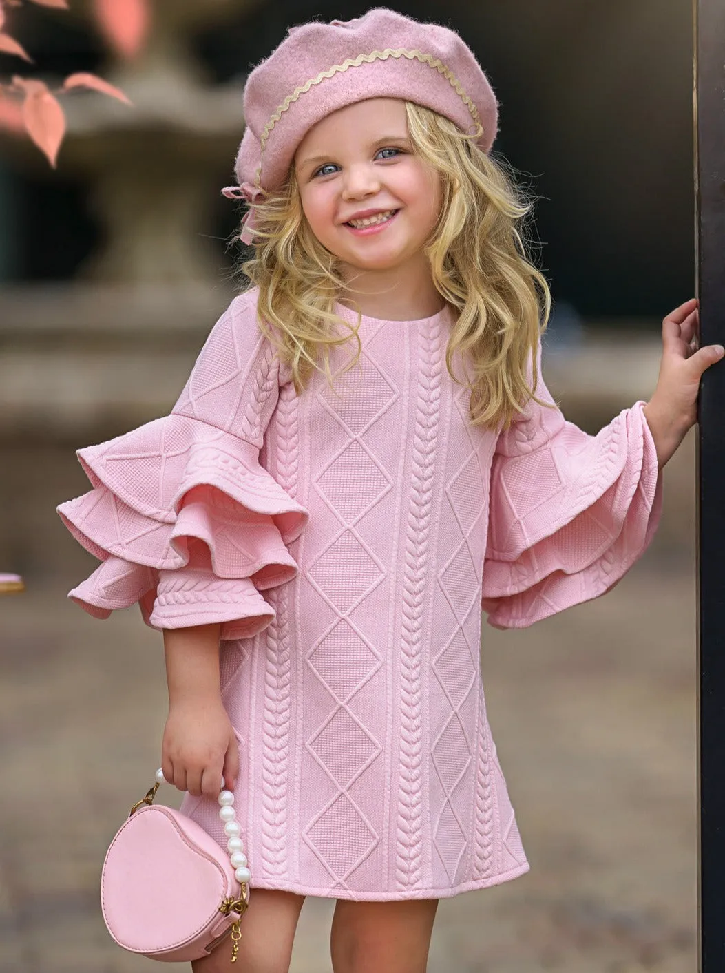 PINK RUFFLE SLEEVE SWEATER DRESS