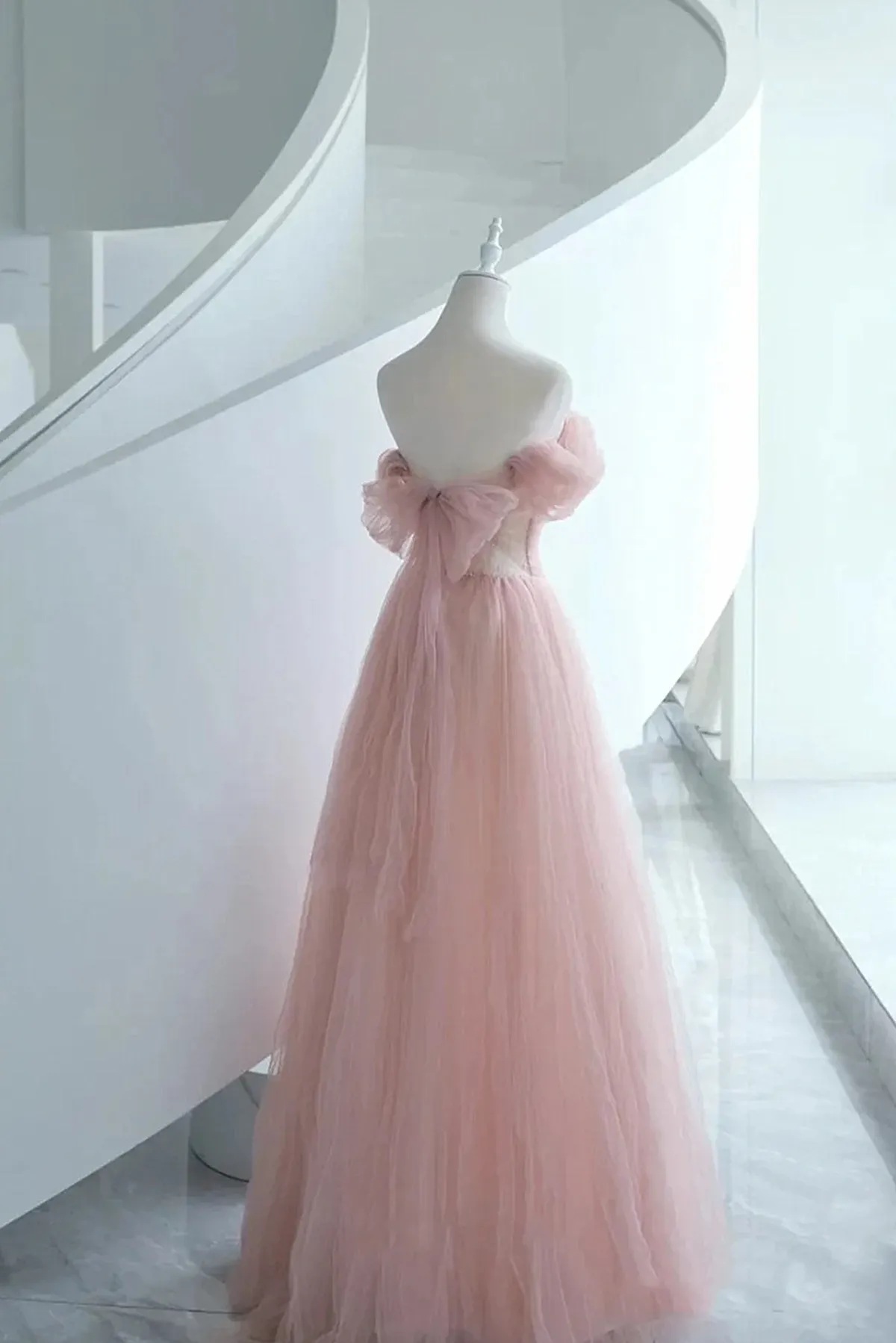 Pink Tulle Scoop A-line Floor Length Party Dress, Pink Off Shoulder Formal Dress Prom Dress