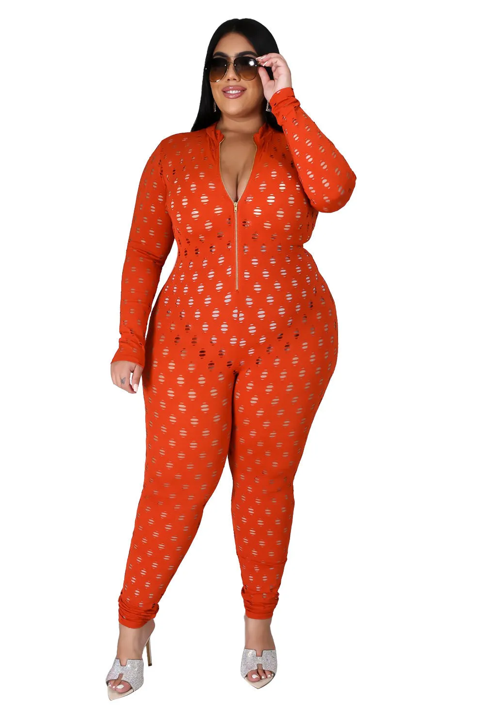 Plus Size Sexy See Through Long Sleeve Jumpsuit