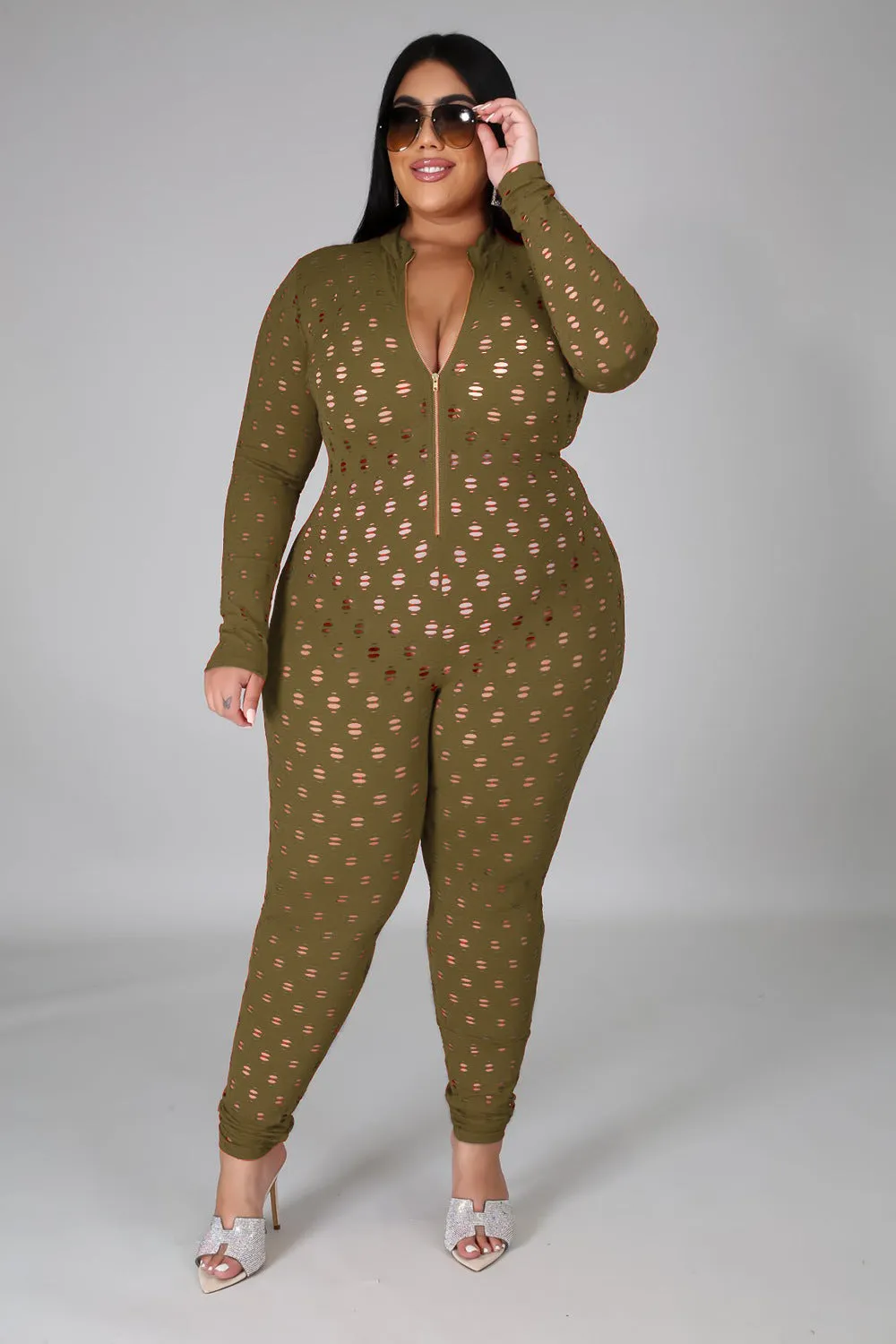 Plus Size Sexy See Through Long Sleeve Jumpsuit