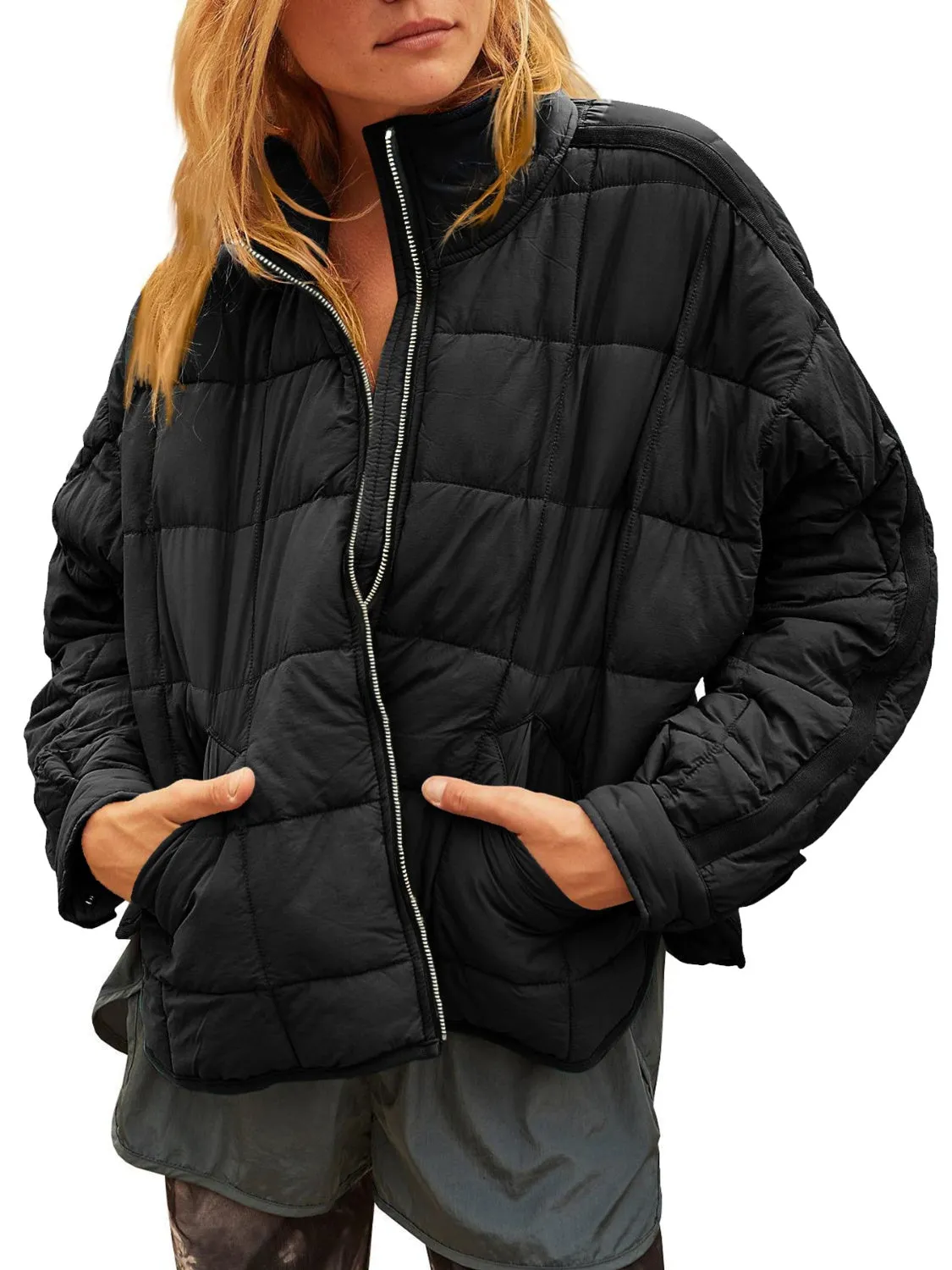 Pocketed Plaid Quilted Zip Up Winter Coat