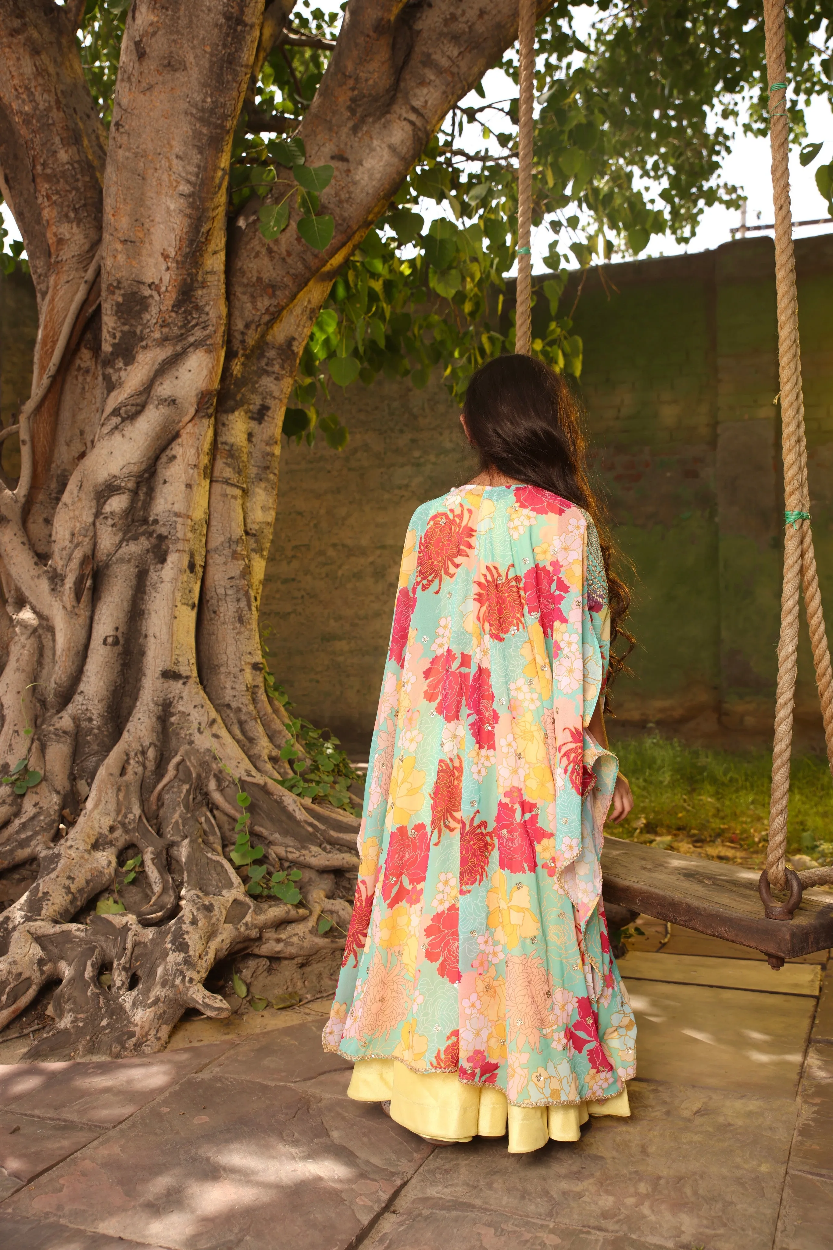 Pre Order: Yellow Crop Top with Pant and Printed Cape