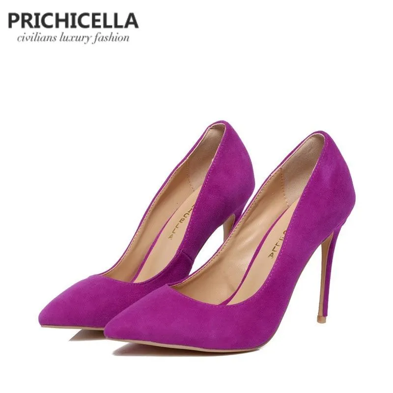 PRICHICELLA Purple suede pumps genuine leather 10cm super high heels pointed toe dress shoe size34-42