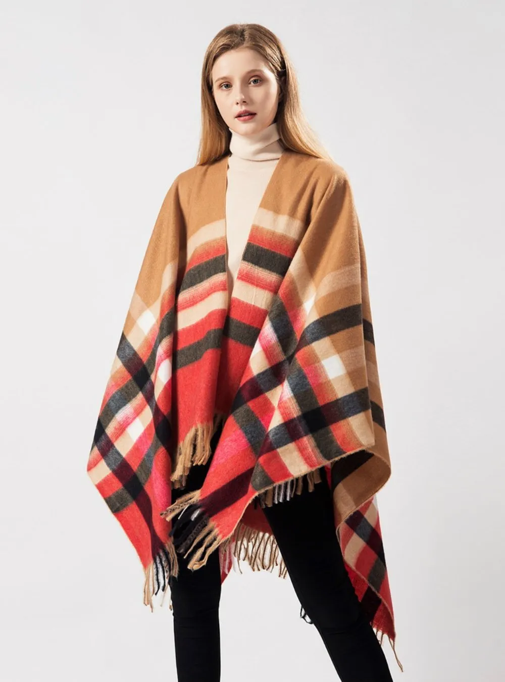 PRICK PLAID FRINGE JOKER WARM SHAWL CLOAK