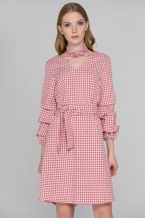 Red Gingham Puff Sleeves Midi Dress