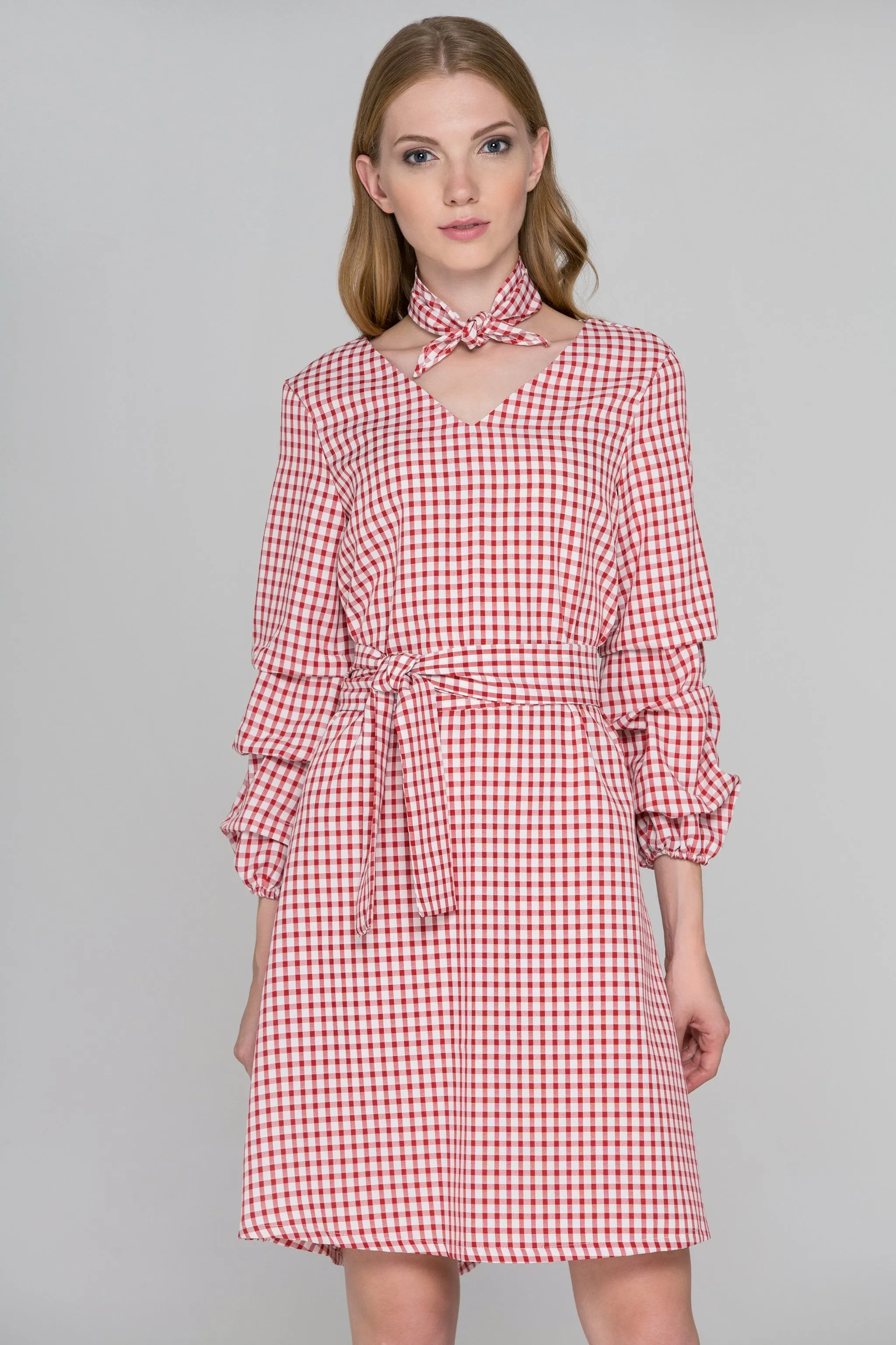 Red Gingham Puff Sleeves Midi Dress