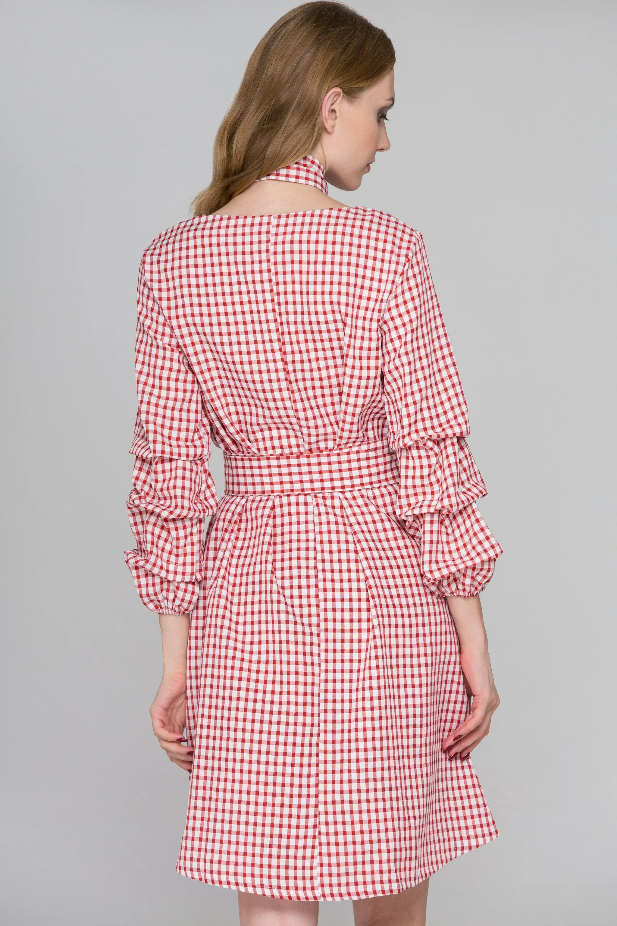 Red Gingham Puff Sleeves Midi Dress