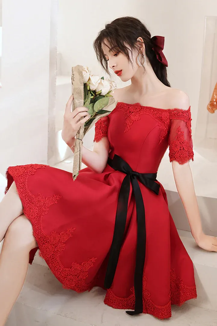 Red Satin Knee Length with Lace Party Dress, Red Short Homecoming Dress