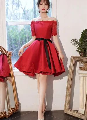 Red Satin Knee Length with Lace Party Dress, Red Short Homecoming Dress