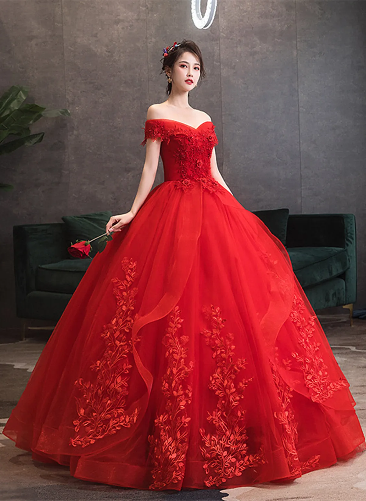 Red Tulle Ball Gown with Lace Sweetheart Long Formal Dress, Red Tulle Evening Dress