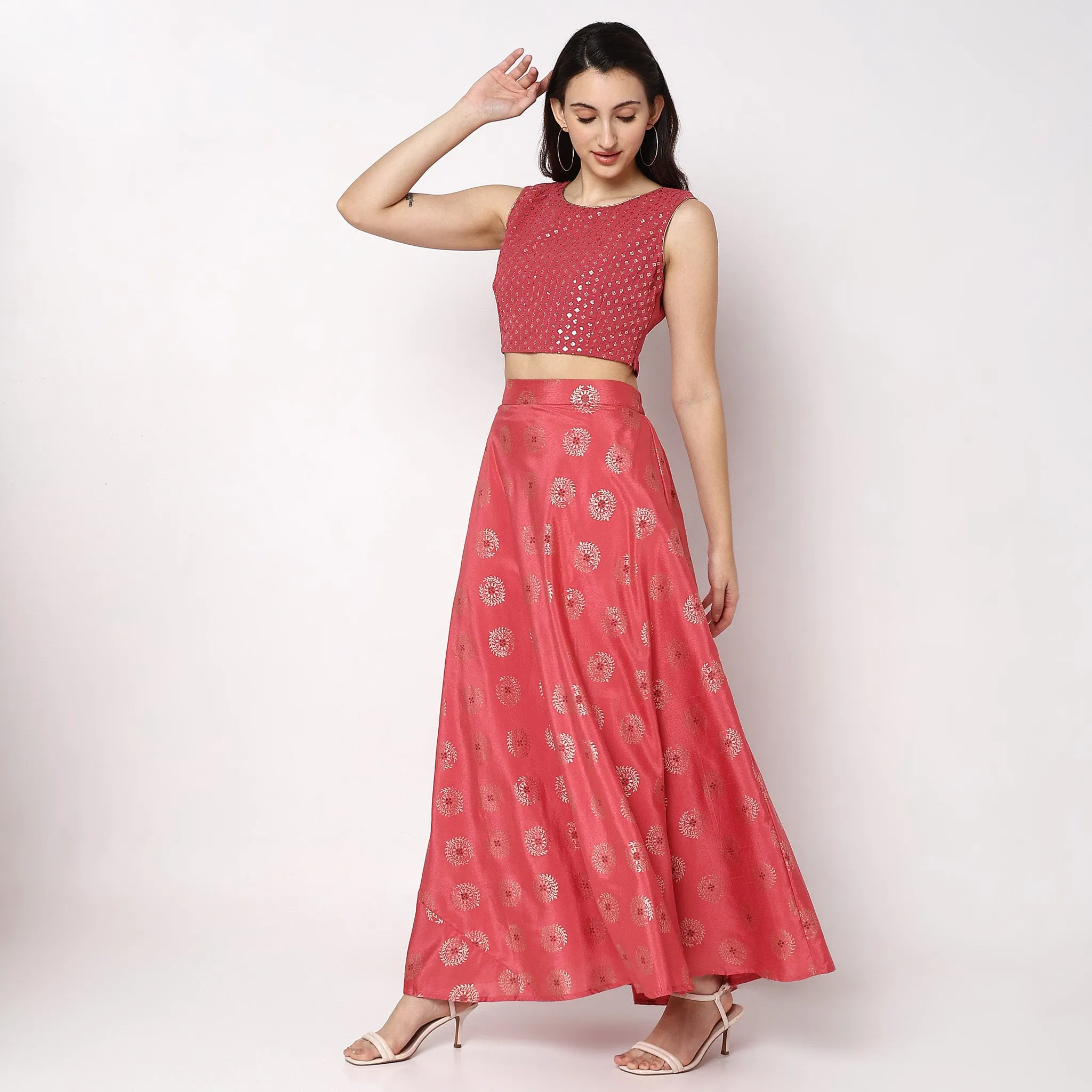 Regular Fit Embellished Ethnic Crop Top Skirt Set with Dupatta