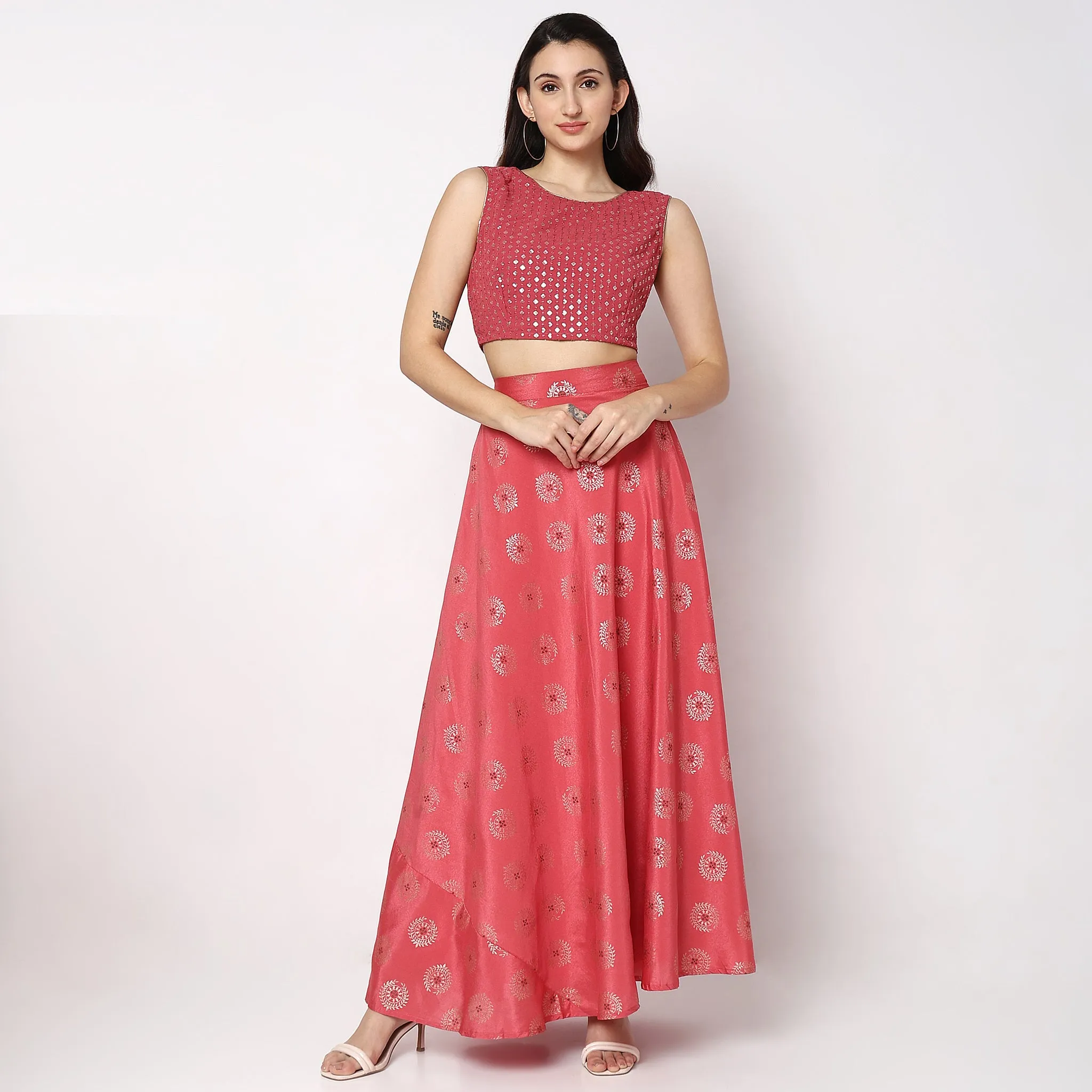 Regular Fit Embellished Ethnic Crop Top Skirt Set with Dupatta