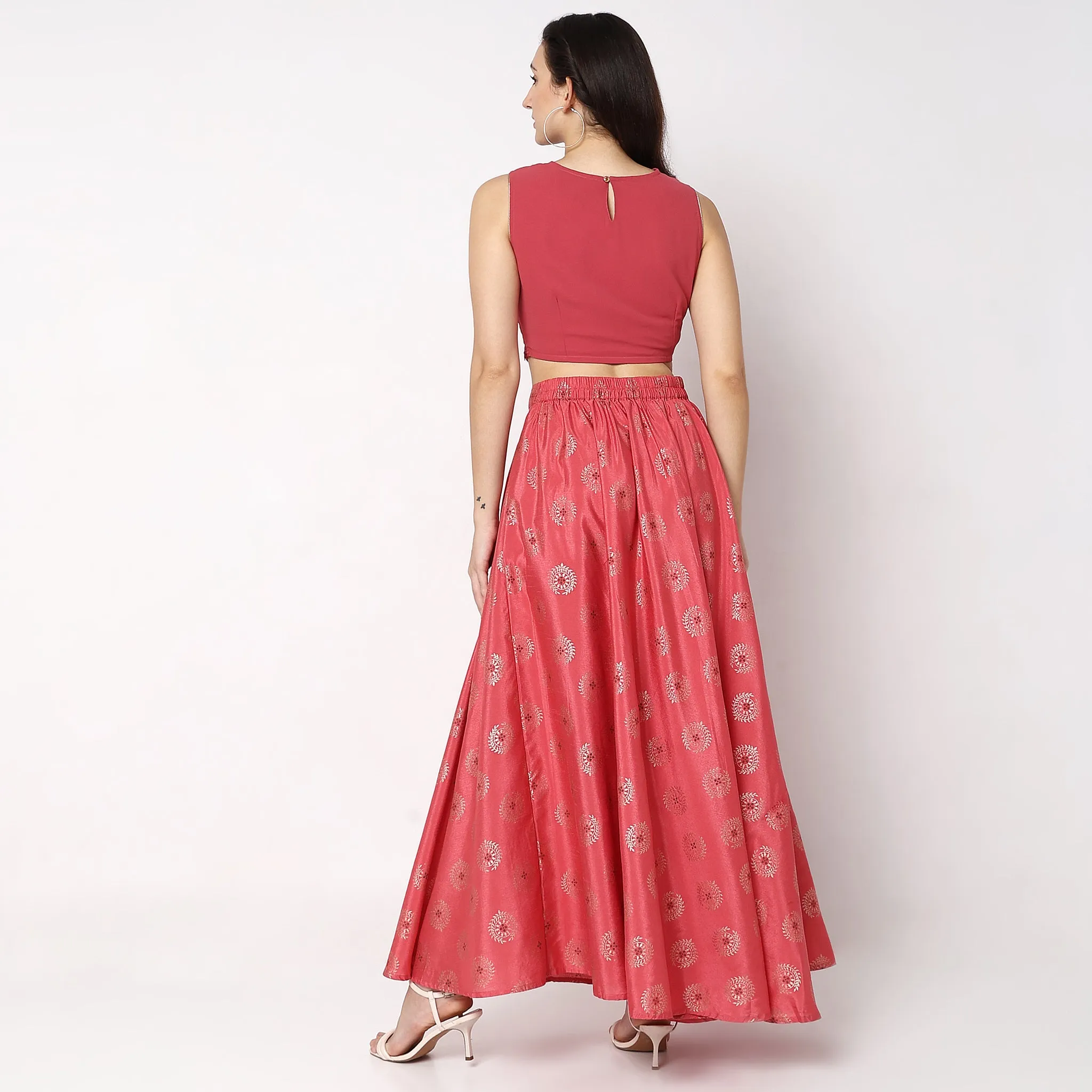 Regular Fit Embellished Ethnic Crop Top Skirt Set with Dupatta