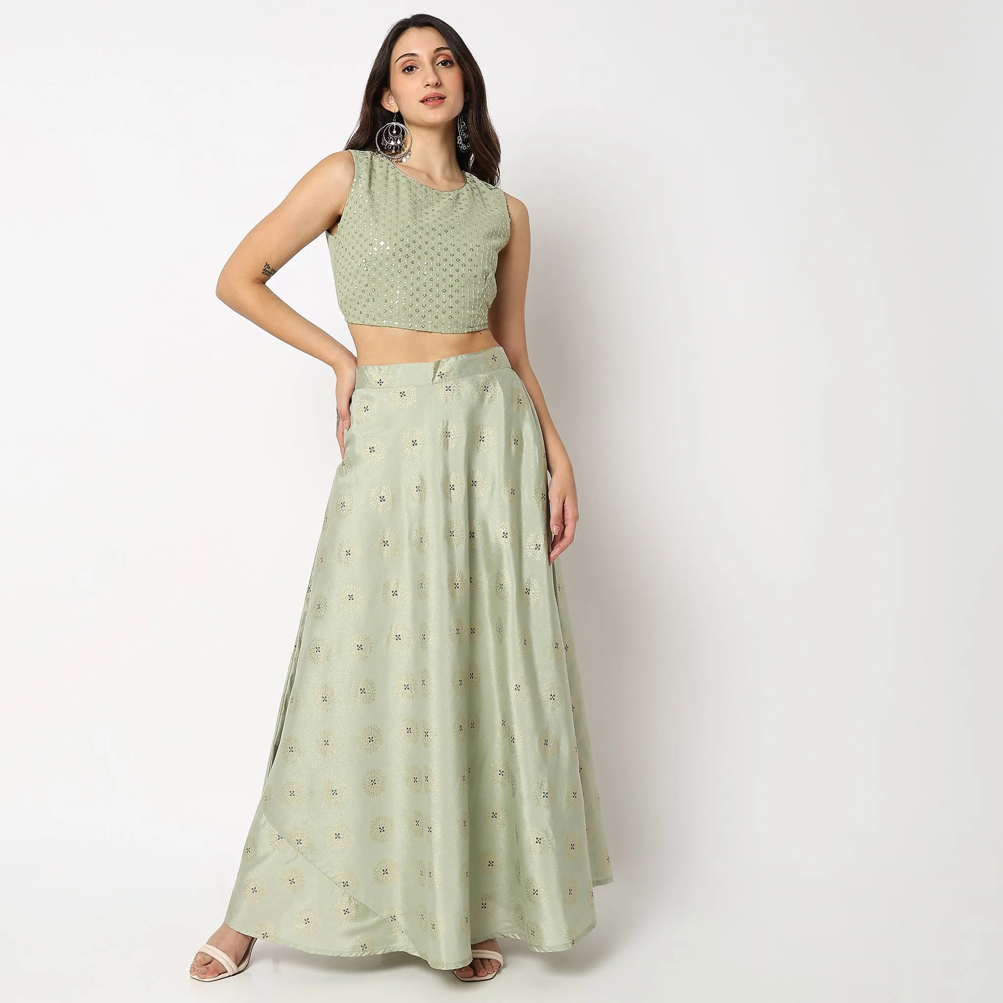 Regular Fit Embellished Ethnic Crop Top Skirt Set with Dupatta