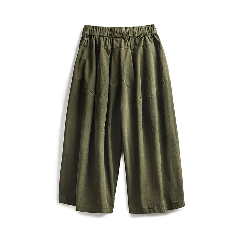 Retro Elastic Waist Green Cargo Culottes Pants