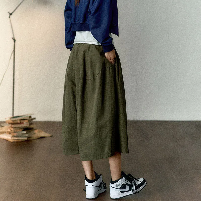 Retro Elastic Waist Green Cargo Culottes Pants