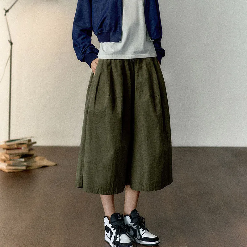 Retro Elastic Waist Green Cargo Culottes Pants