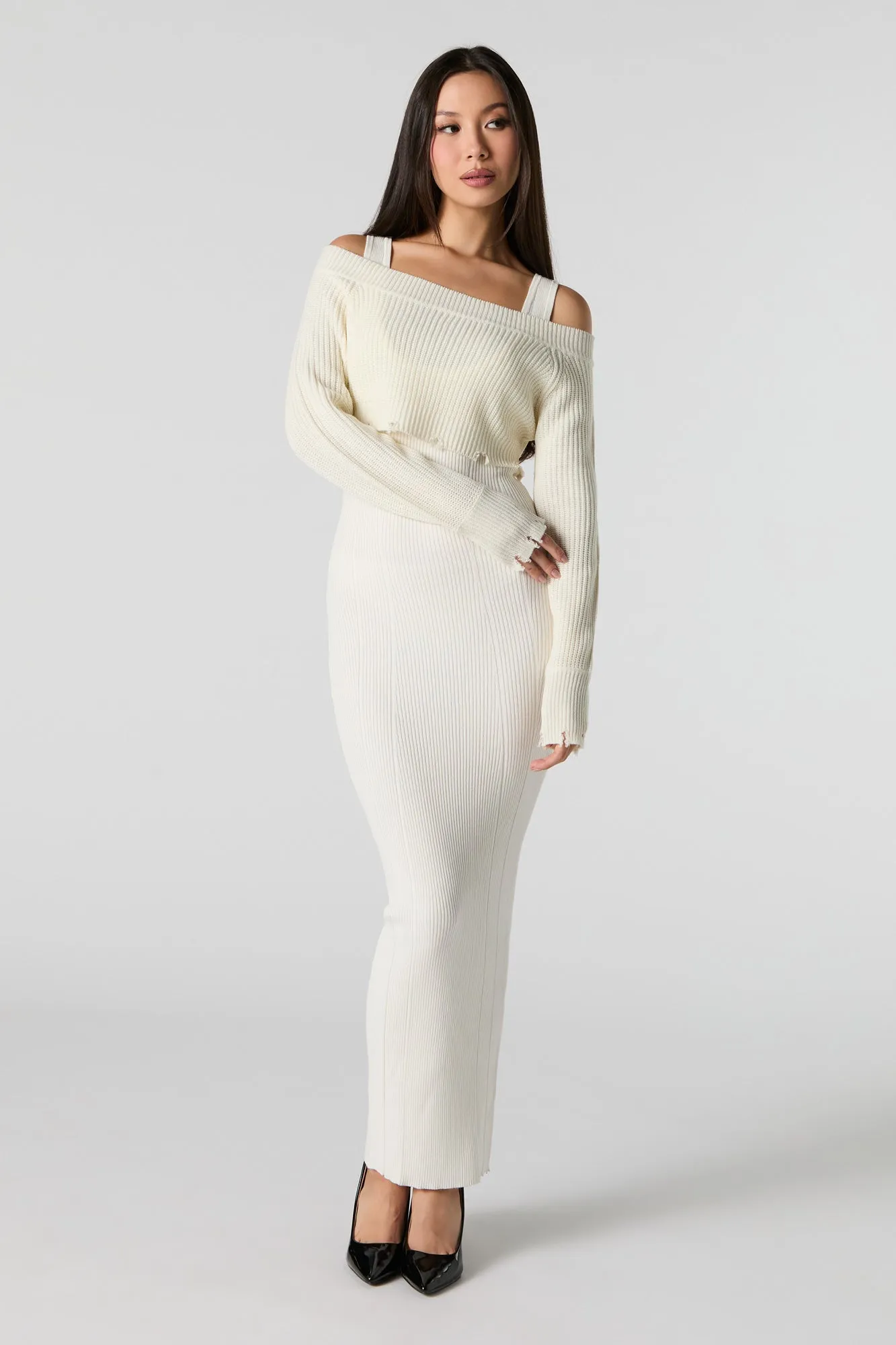 Ribbed Knit Dress & Sweater 2 Piece Set