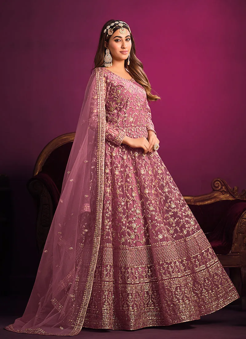 Rich Pink Embroidery Festive Anarkali Suit