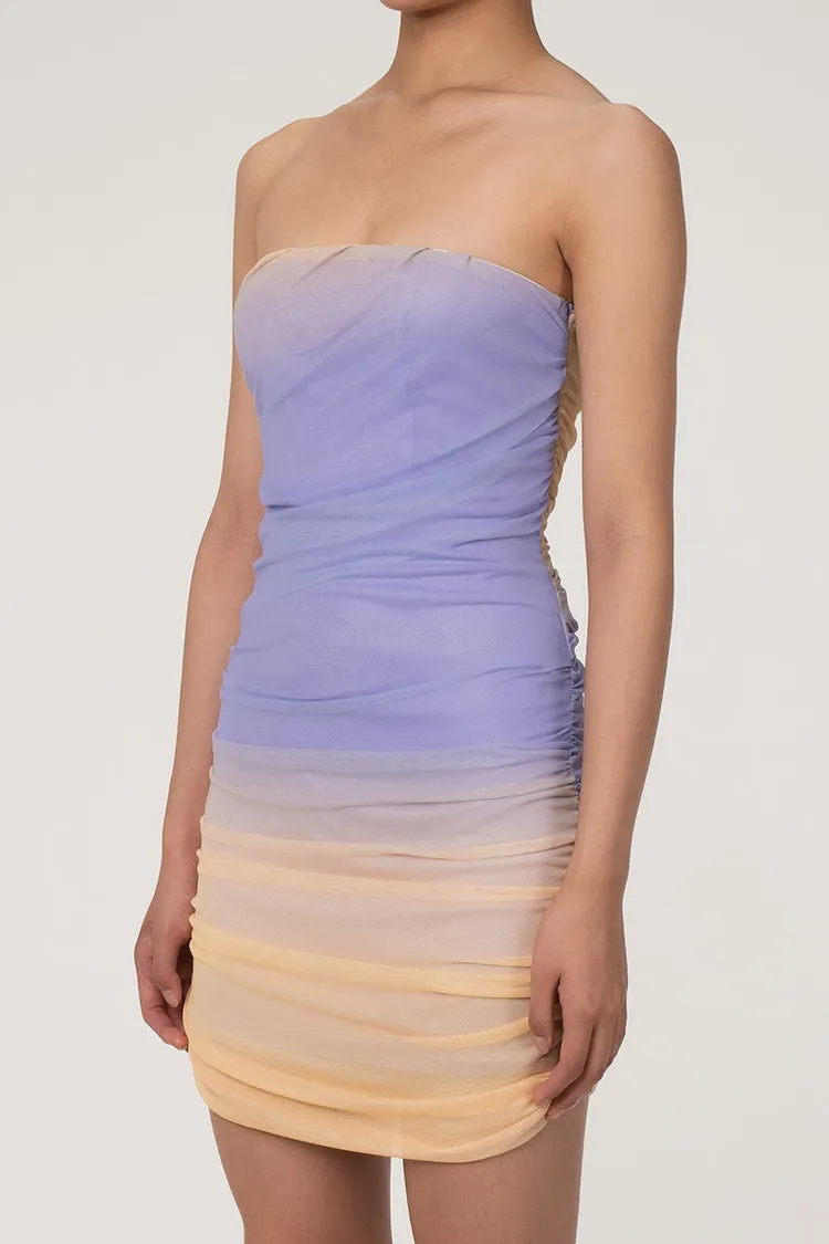 Romantic Ombre Tie Dye Strapless Ruched Bodycon Mesh Party Mini Dress