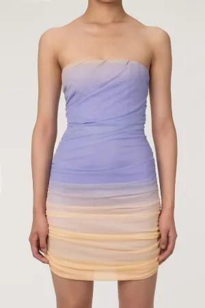 Romantic Ombre Tie Dye Strapless Ruched Bodycon Mesh Party Mini Dress