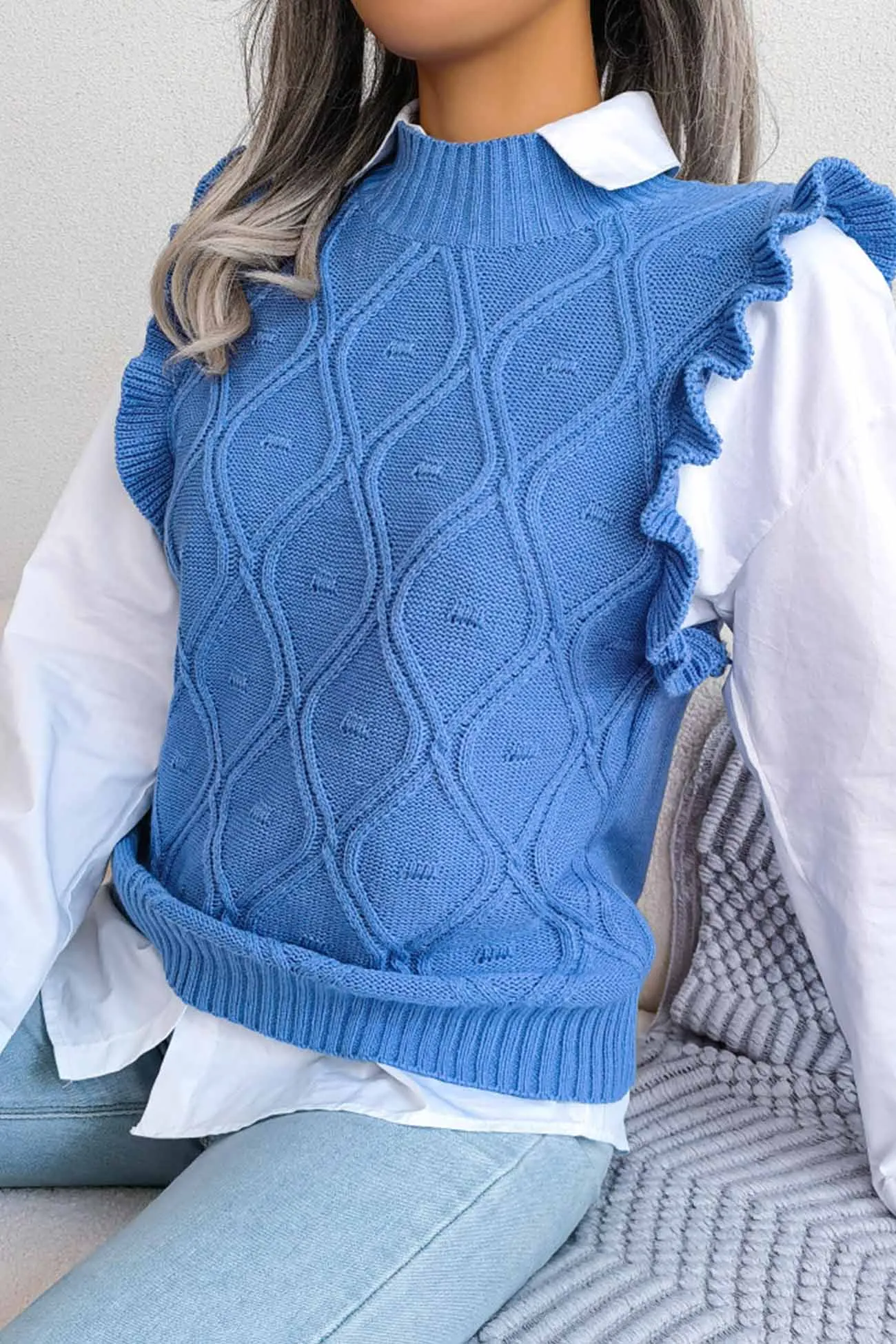 Ruffle Argyle Knit Vest Sweater