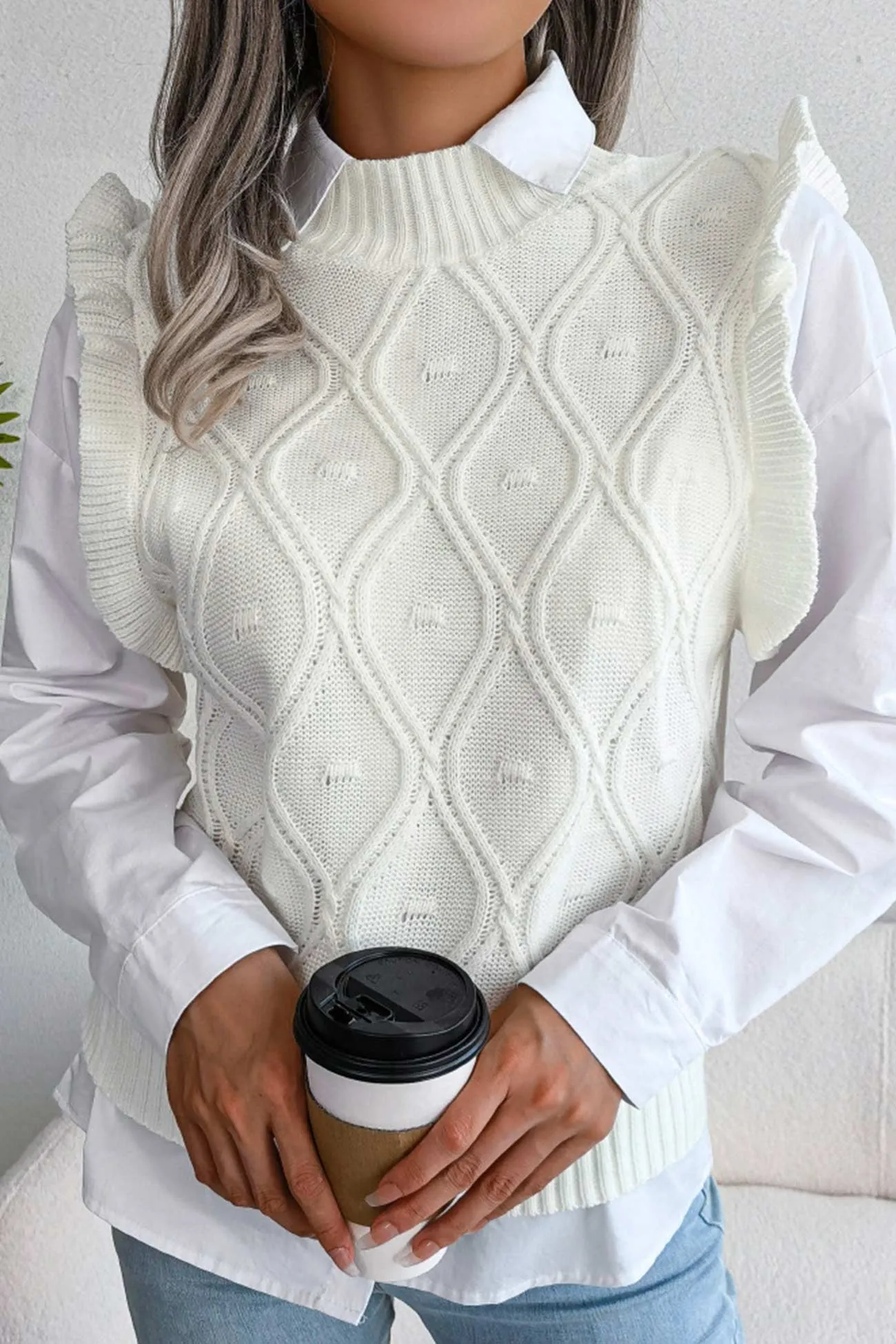 Ruffle Argyle Knit Vest Sweater