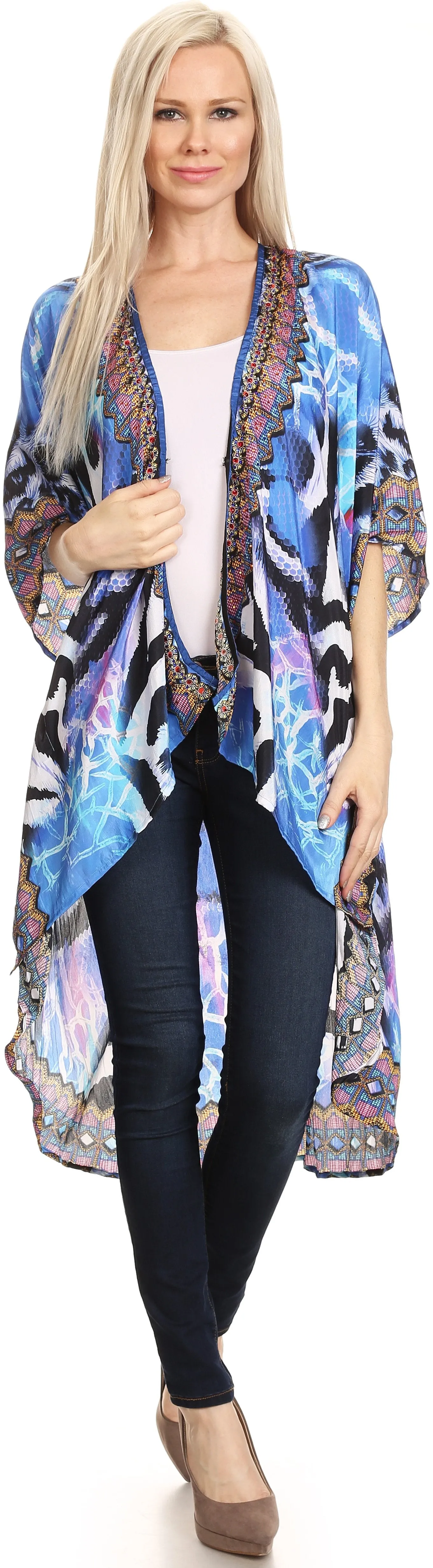 Sakkas Osiris Embellished Hi Low V-Neck Clasp Beach Cover-Up Kimono Kaftan Tunic