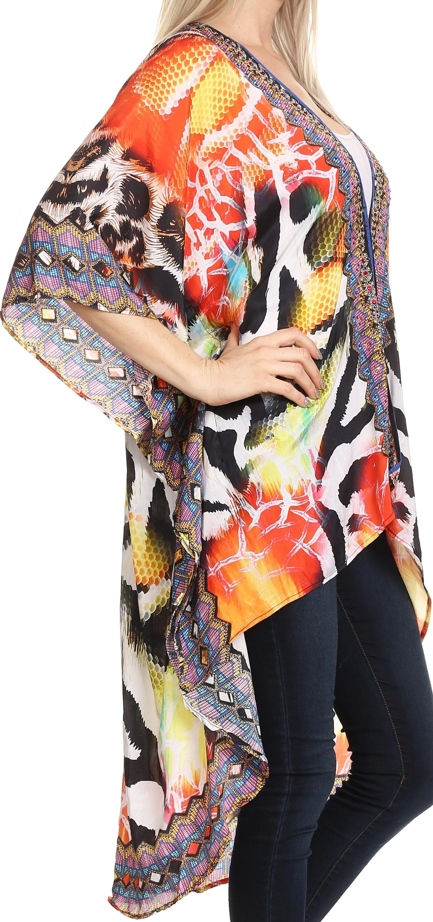 Sakkas Osiris Embellished Hi Low V-Neck Clasp Beach Cover-Up Kimono Kaftan Tunic